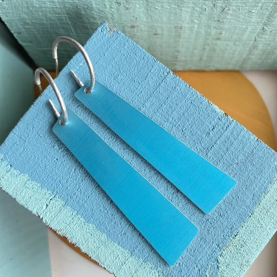 Reversible Long Aluminium Quadrangle Drop Hoop Earrings- Pink Abstract/Blue