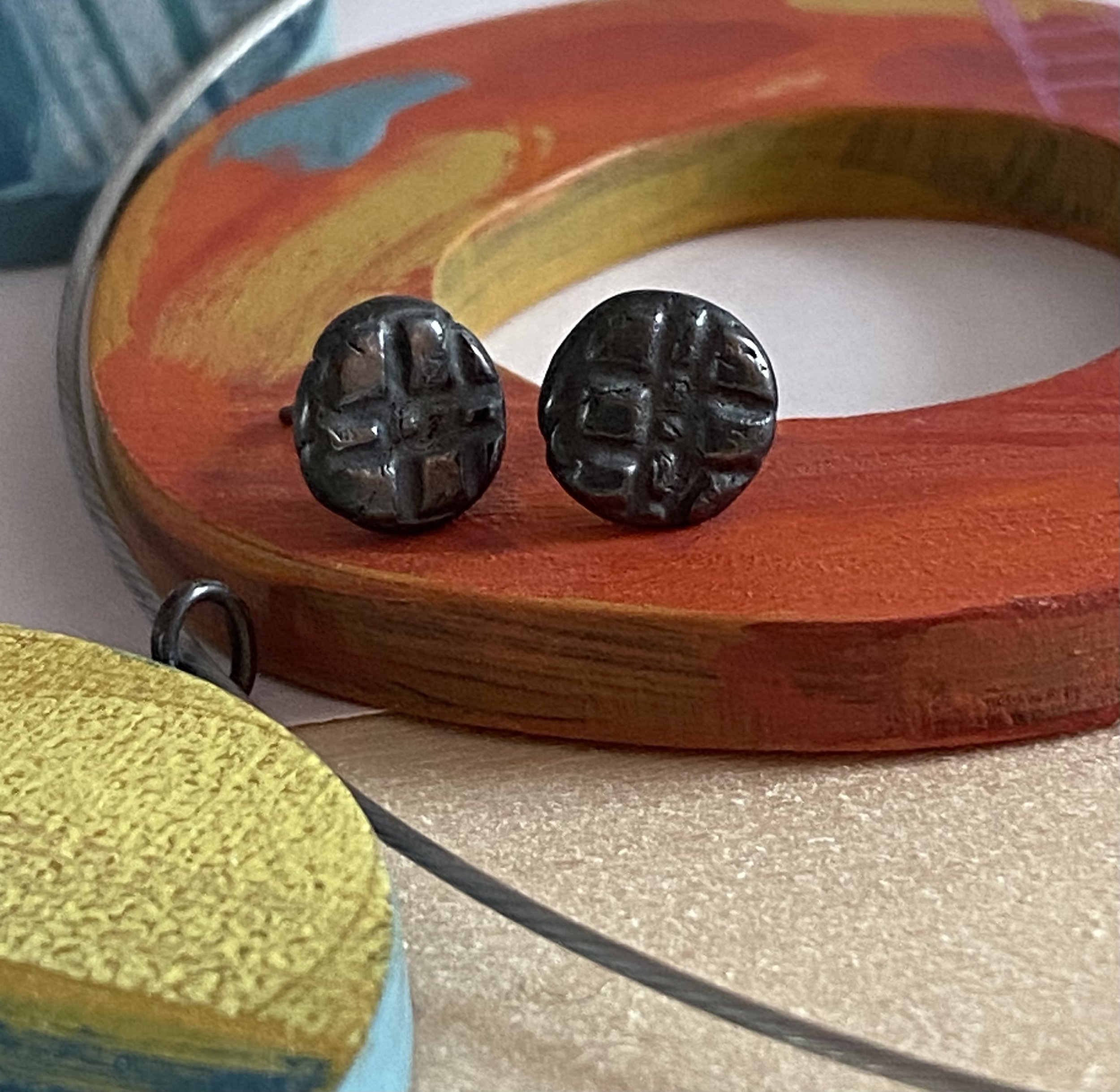 Round Textured Fine Silver Studs Oxidised