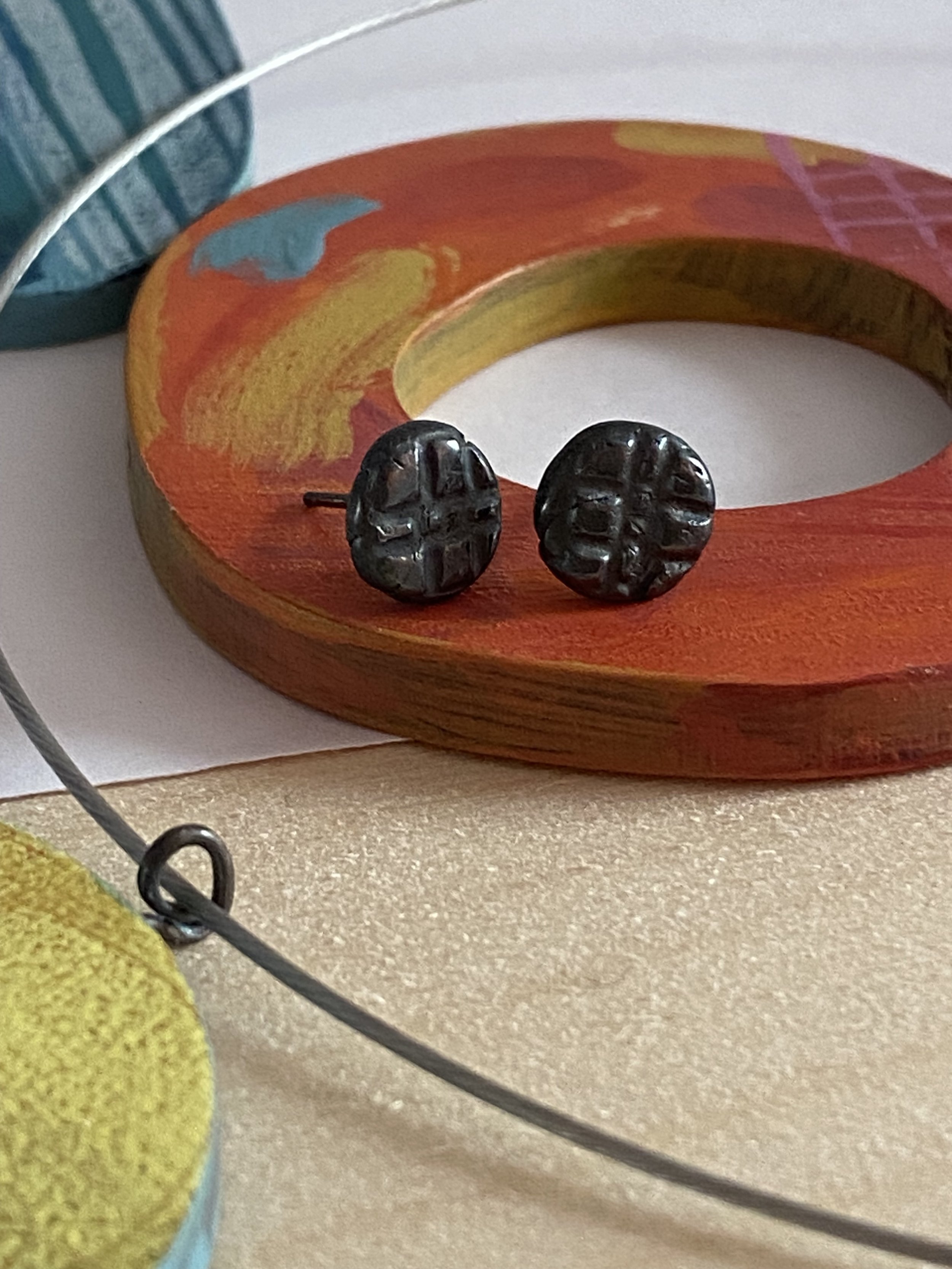 Round Textured Fine Silver Studs Oxidised