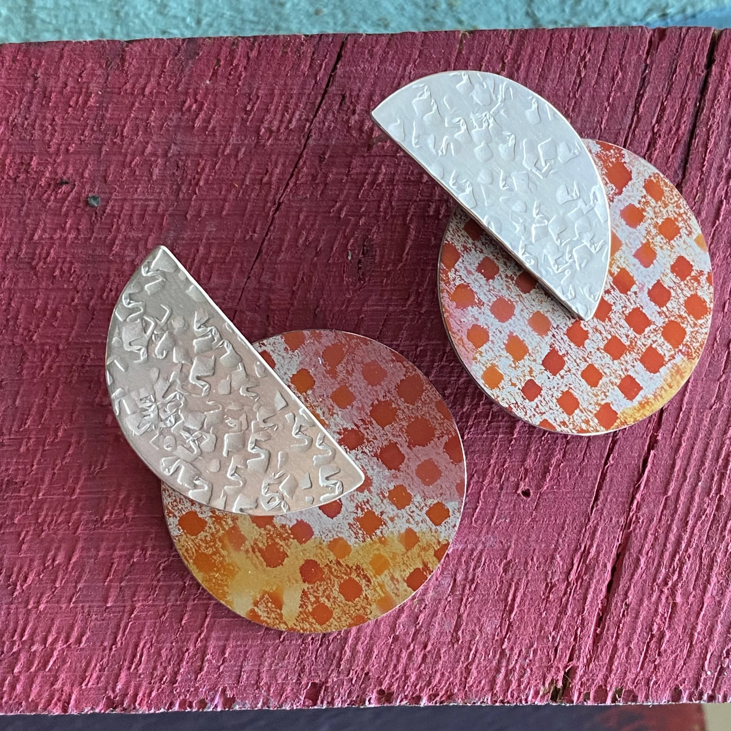 Statement Disc Aluminium Earrings with Hammered Silver Semi Circle- Orange/Pink Design