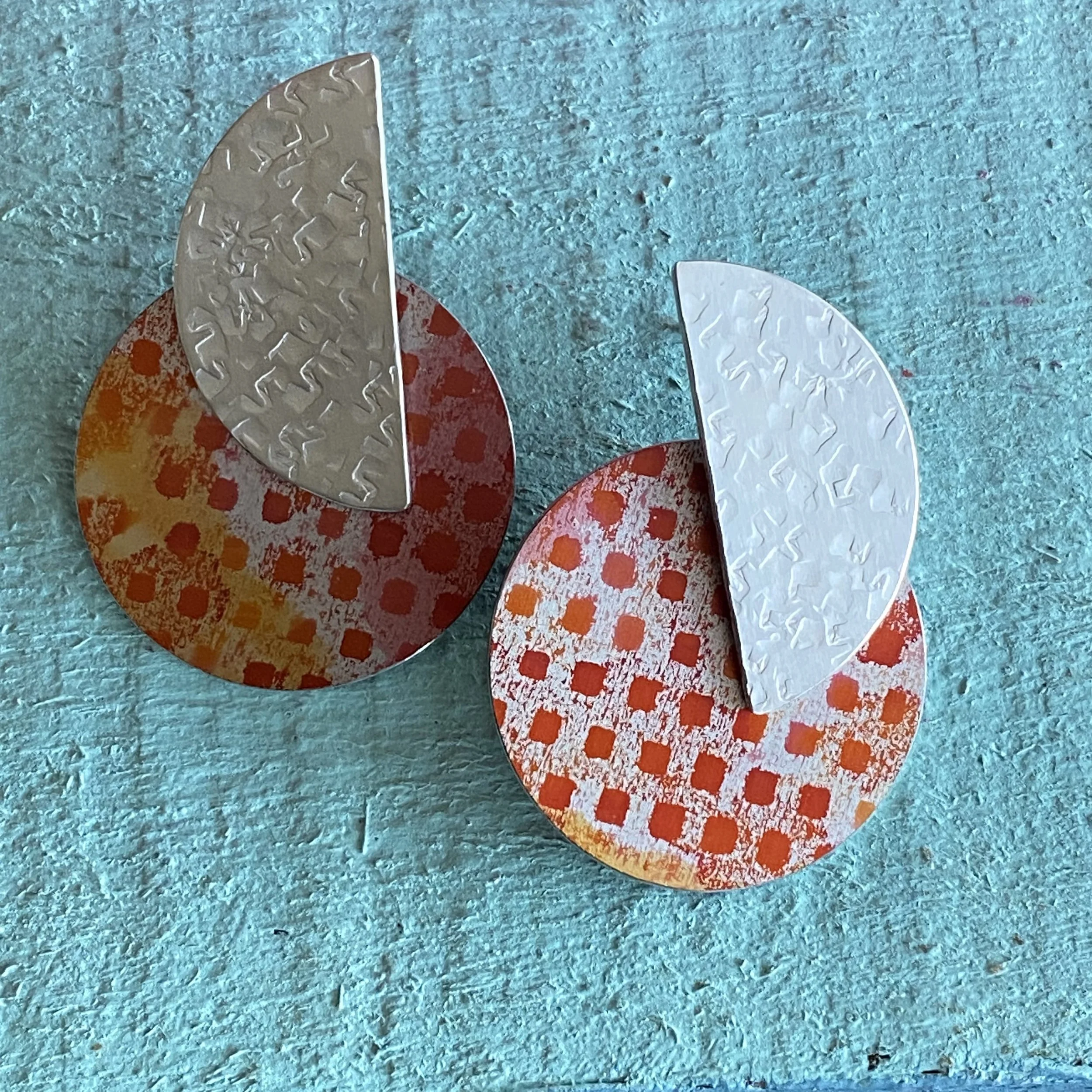 Statement Disc Aluminium Earrings with Hammered Silver Semi Circle- Orange/Pink Design
