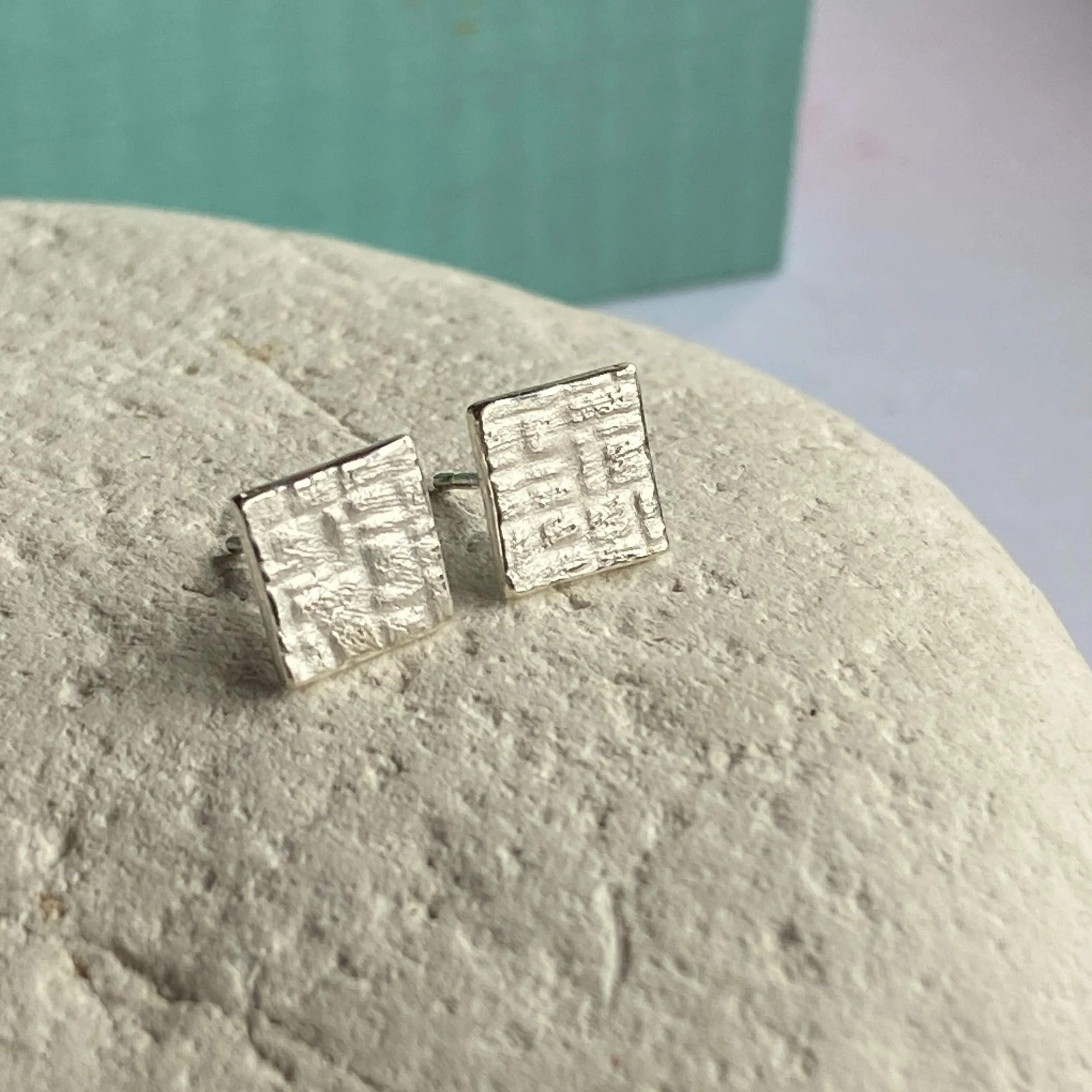 Square Textured Fine Silver Studs-check pattern no.2