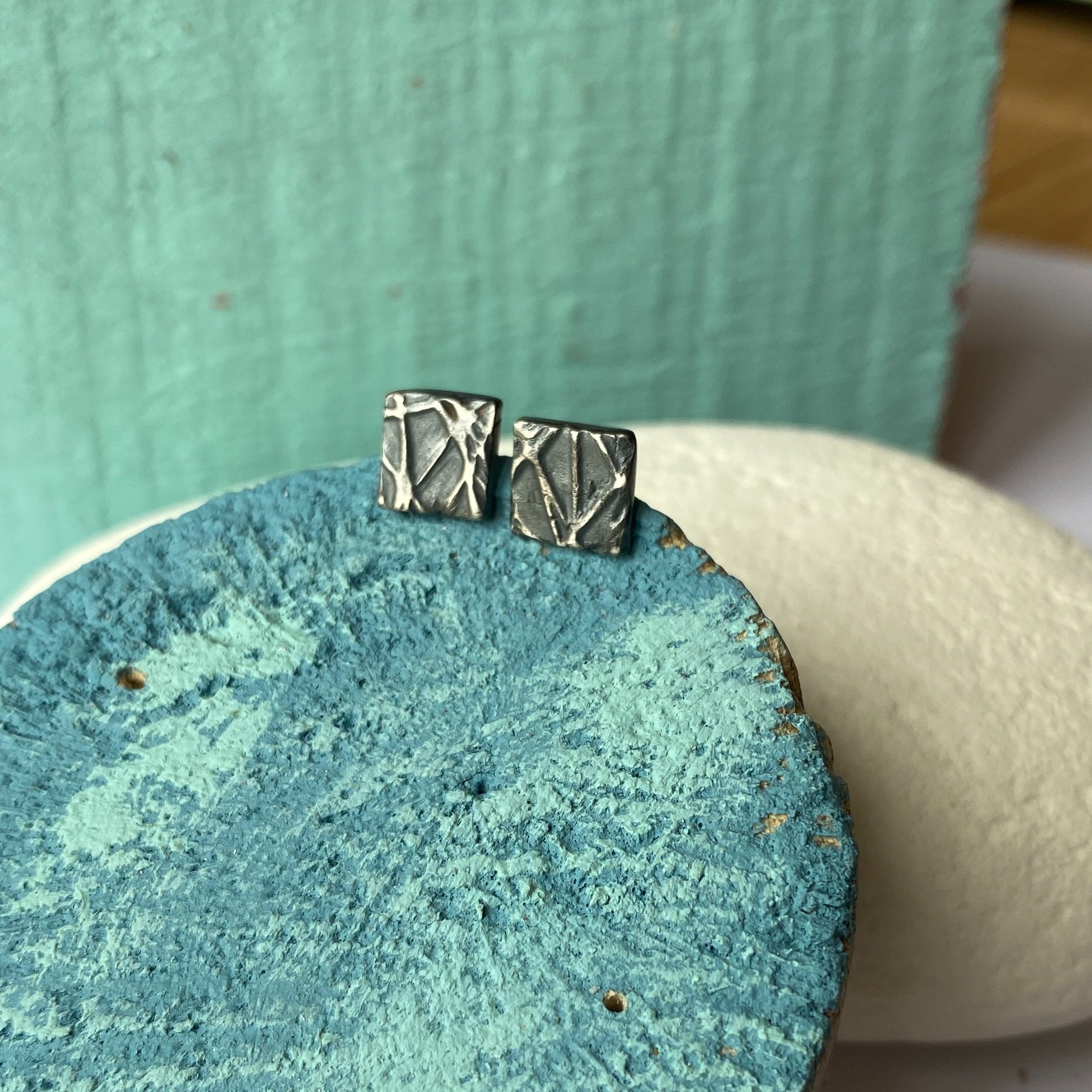 Square Chunky Textured Fine Silver Studs - ‘scratch’ pattern