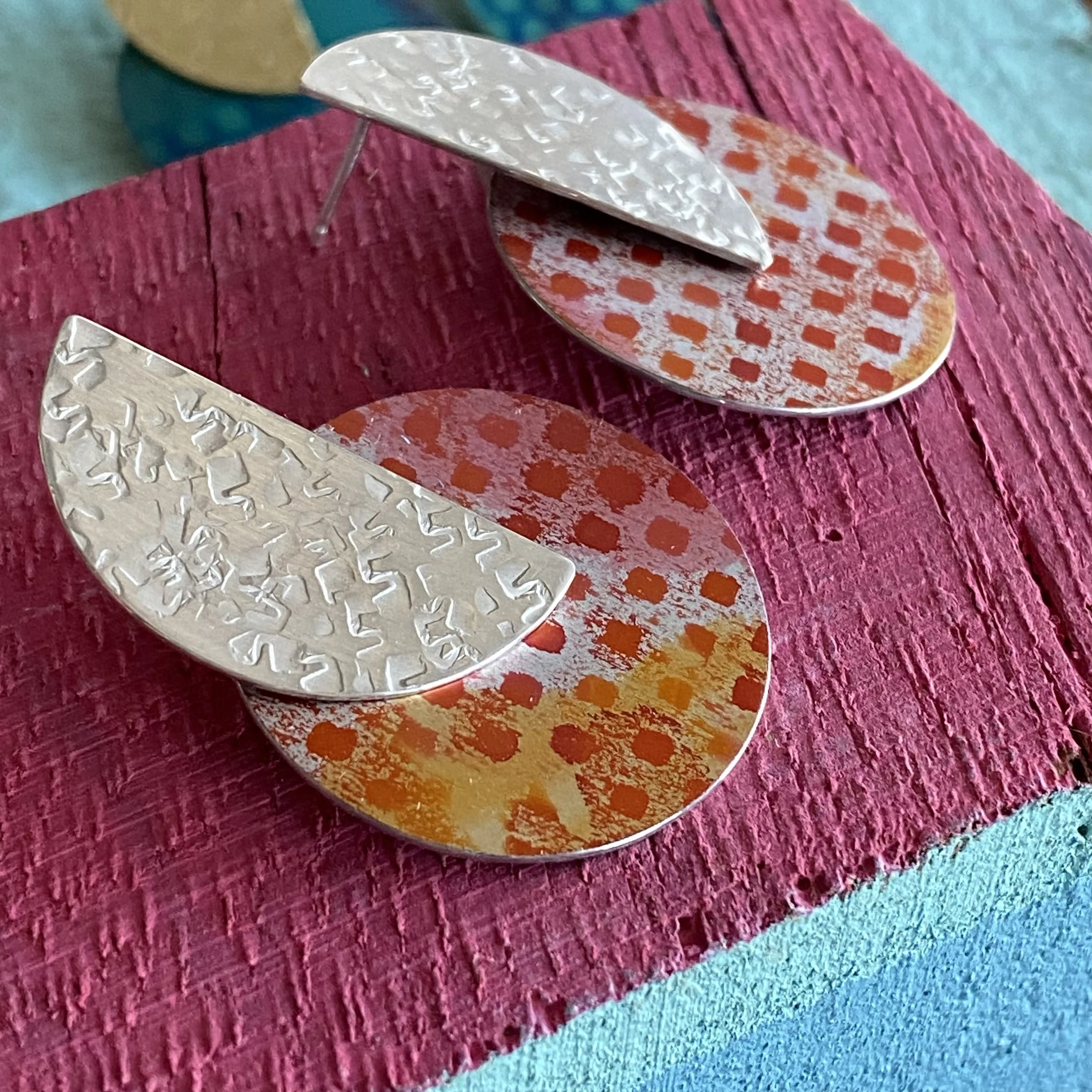 Statement Disc Aluminium Earrings with Hammered Silver Semi Circle- Orange/Pink Design