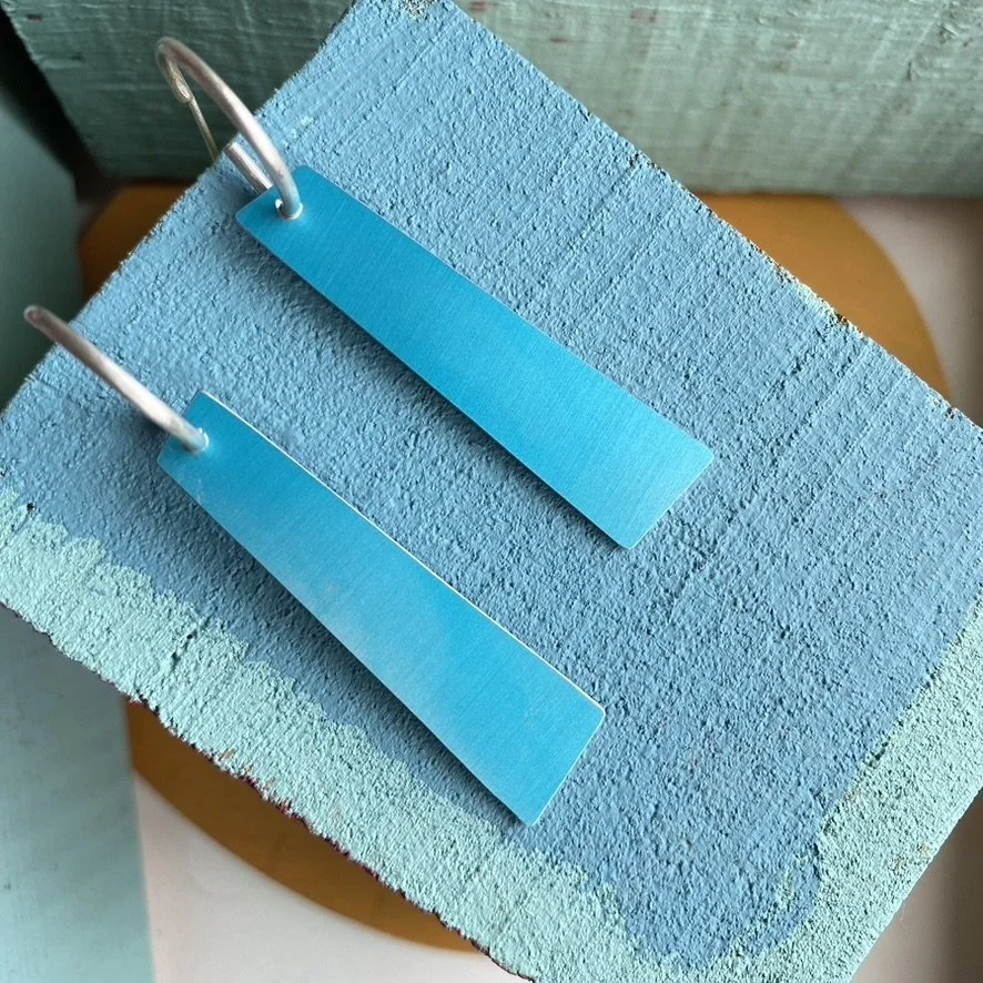 Reversible Long Aluminium Quadrangle Drop Hoop Earrings- Pink Abstract/Blue