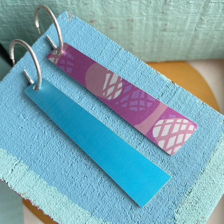 Reversible Long Aluminium Quadrangle Drop Hoop Earrings- Pink Abstract/Blue