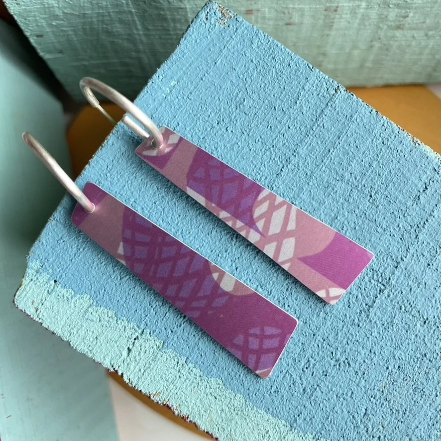 Reversible Long Aluminium Quadrangle Drop Hoop Earrings- Pink Abstract/Blue