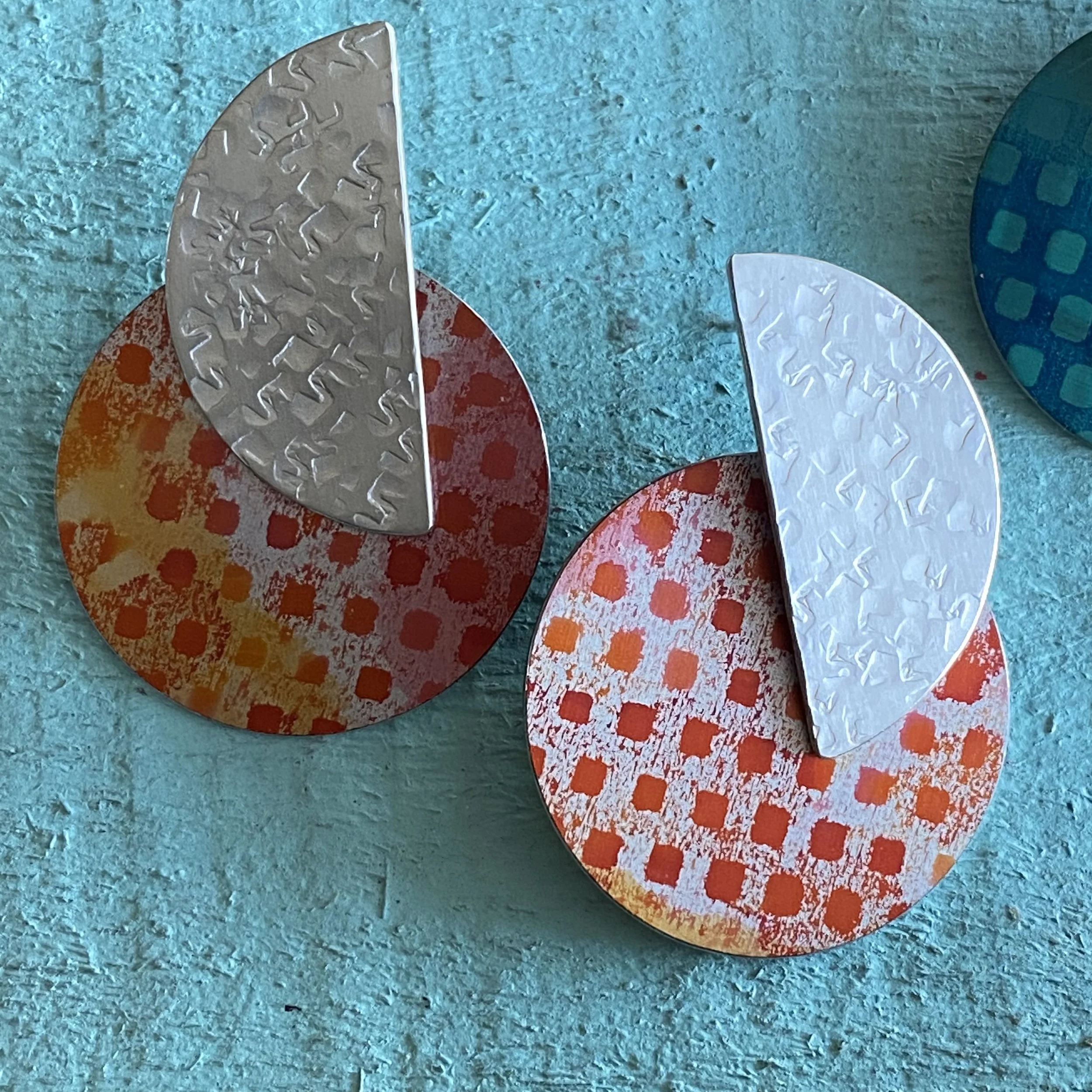 Statement Disc Aluminium Earrings with Hammered Silver Semi Circle- Orange/Pink Design