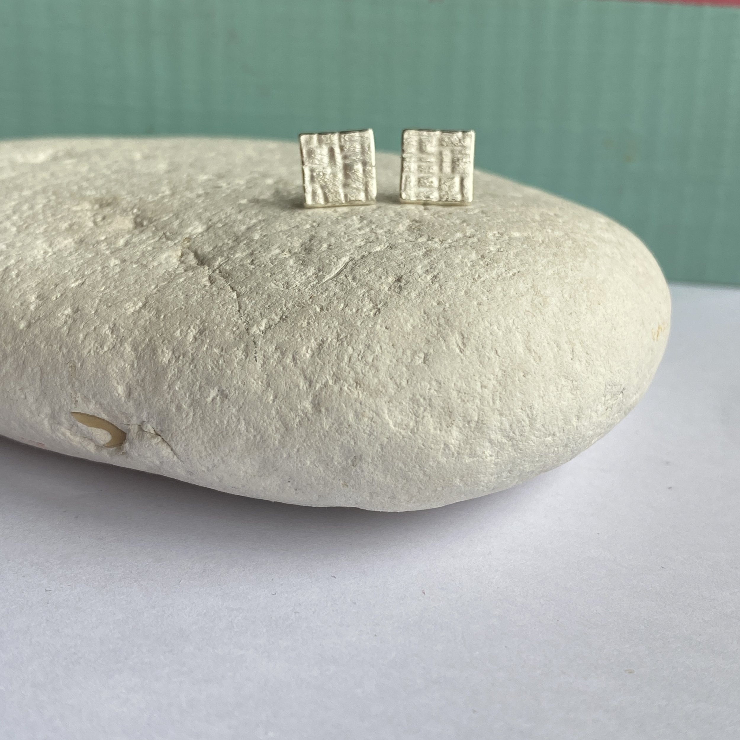 Square Textured Fine Silver Studs-check pattern no.2