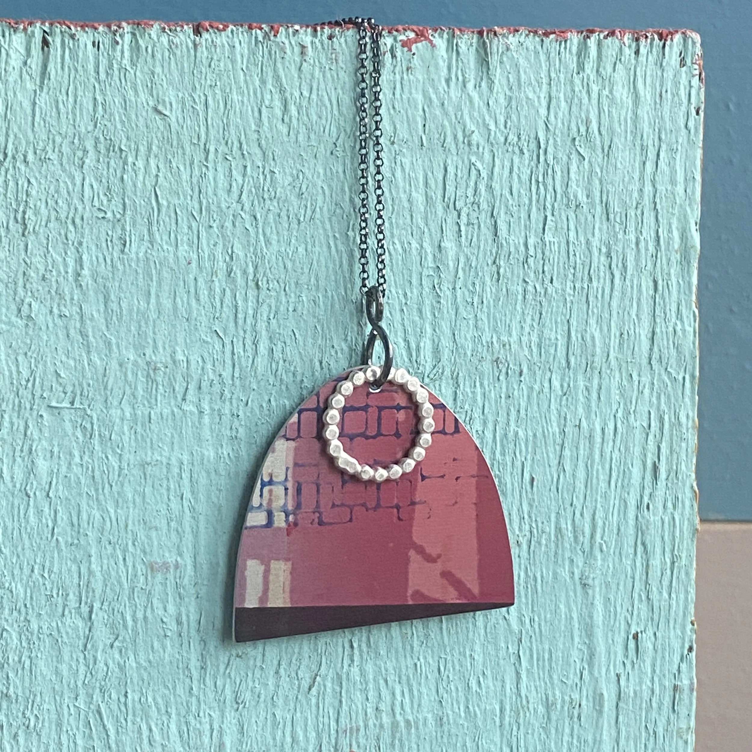 Arch Shape Pendant Necklace-Purples/Pink Abstract