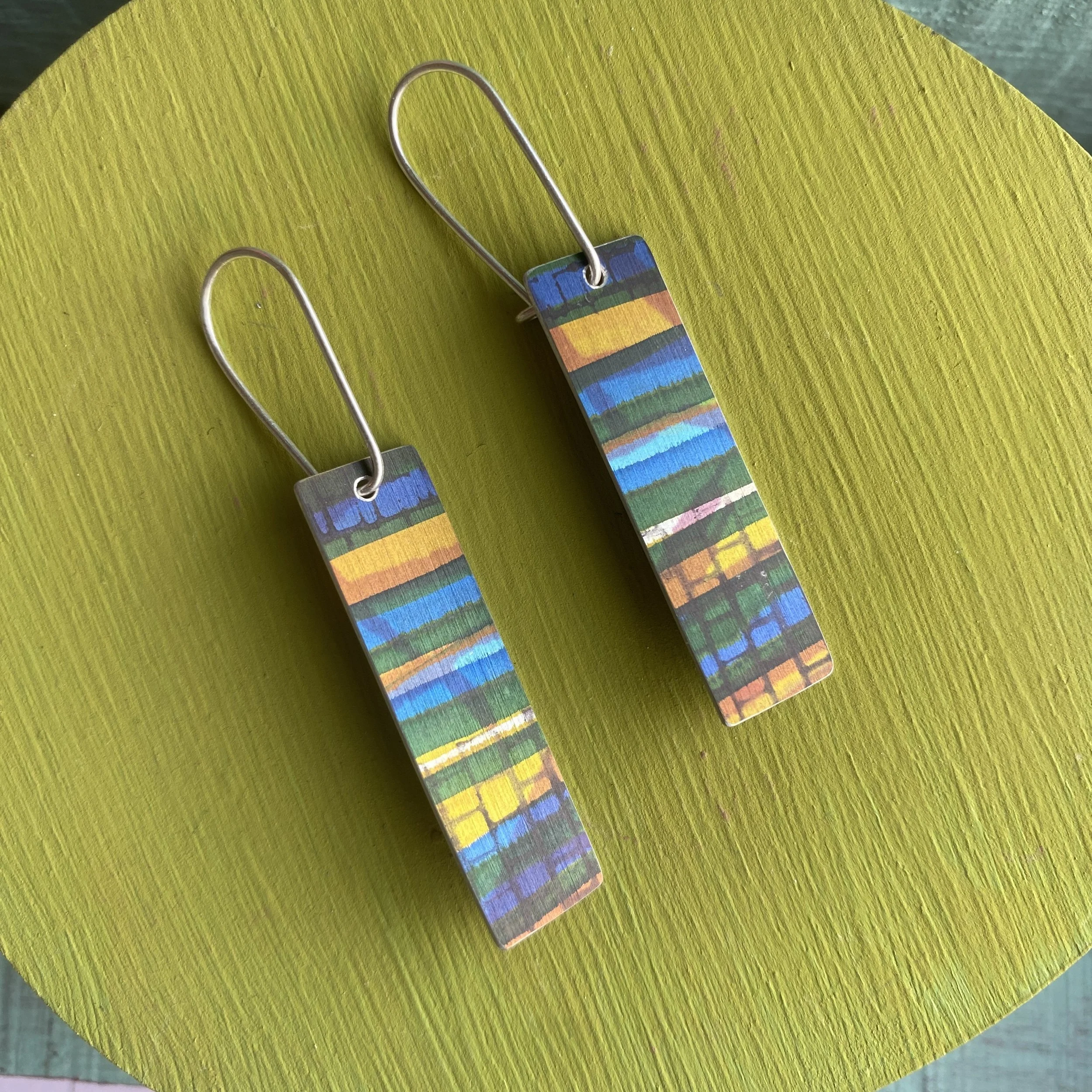 Rectangle Aluminium Earrings Blues/Yellow/Red