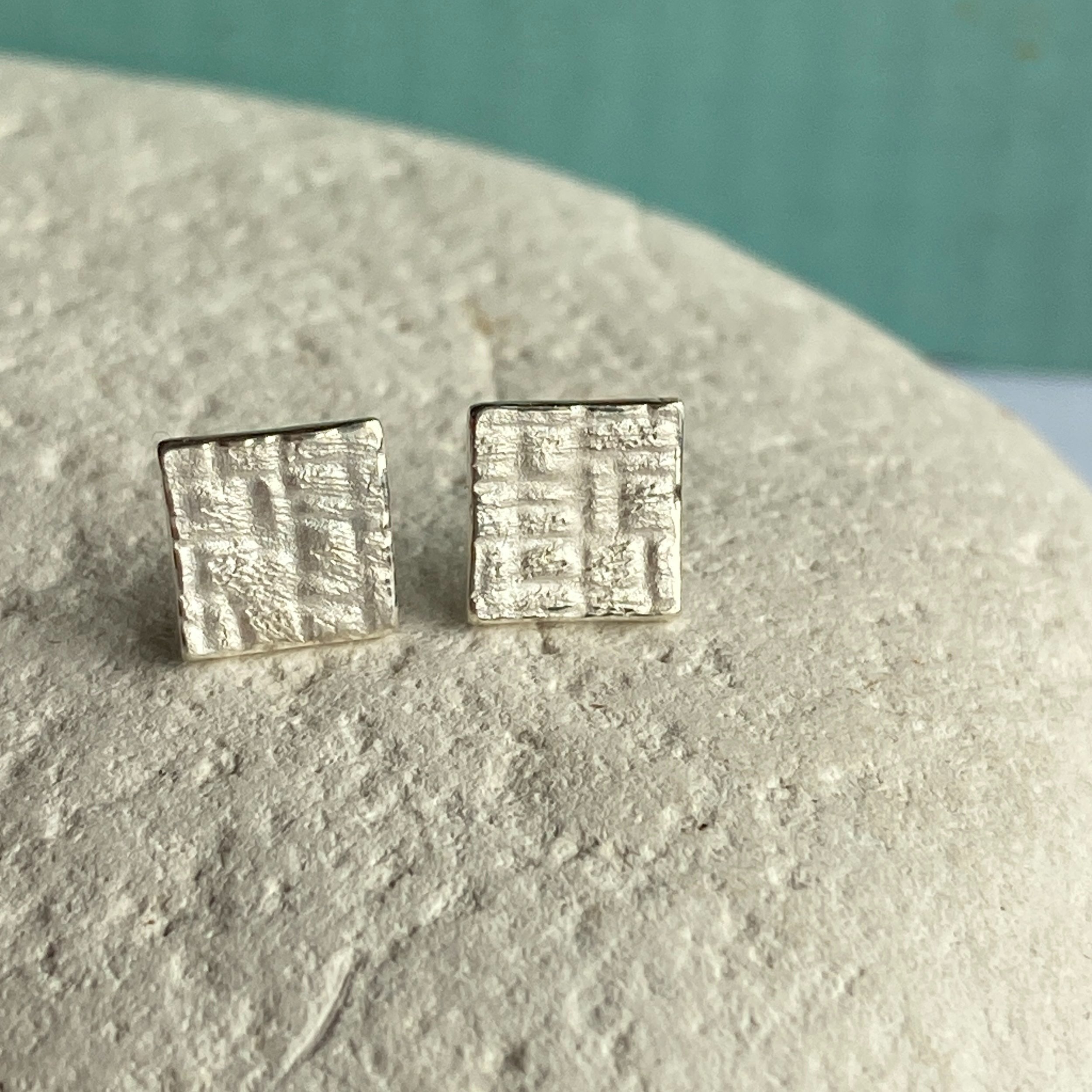 Square Textured Fine Silver Studs-check pattern no.2