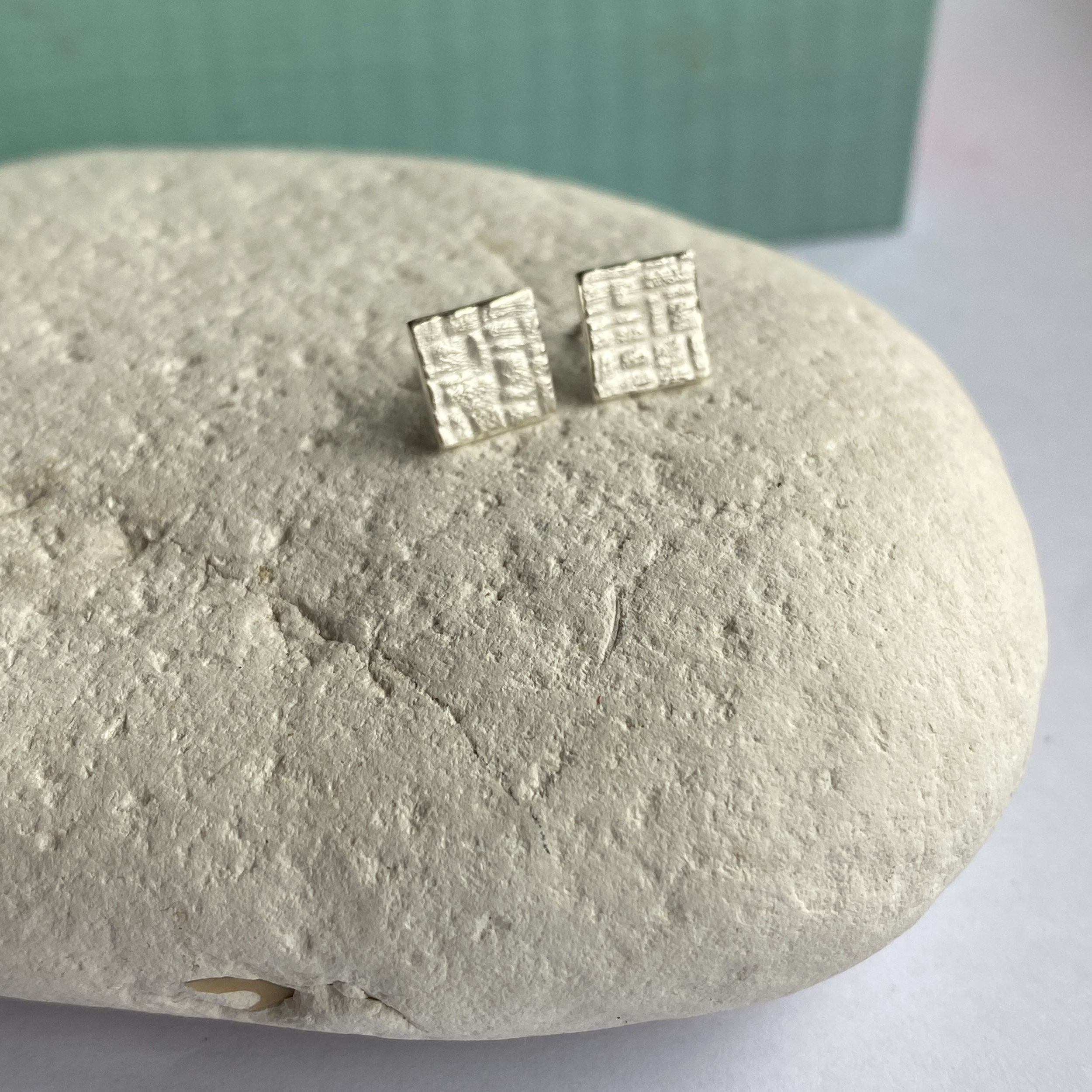 Square Textured Fine Silver Studs-check pattern no.2
