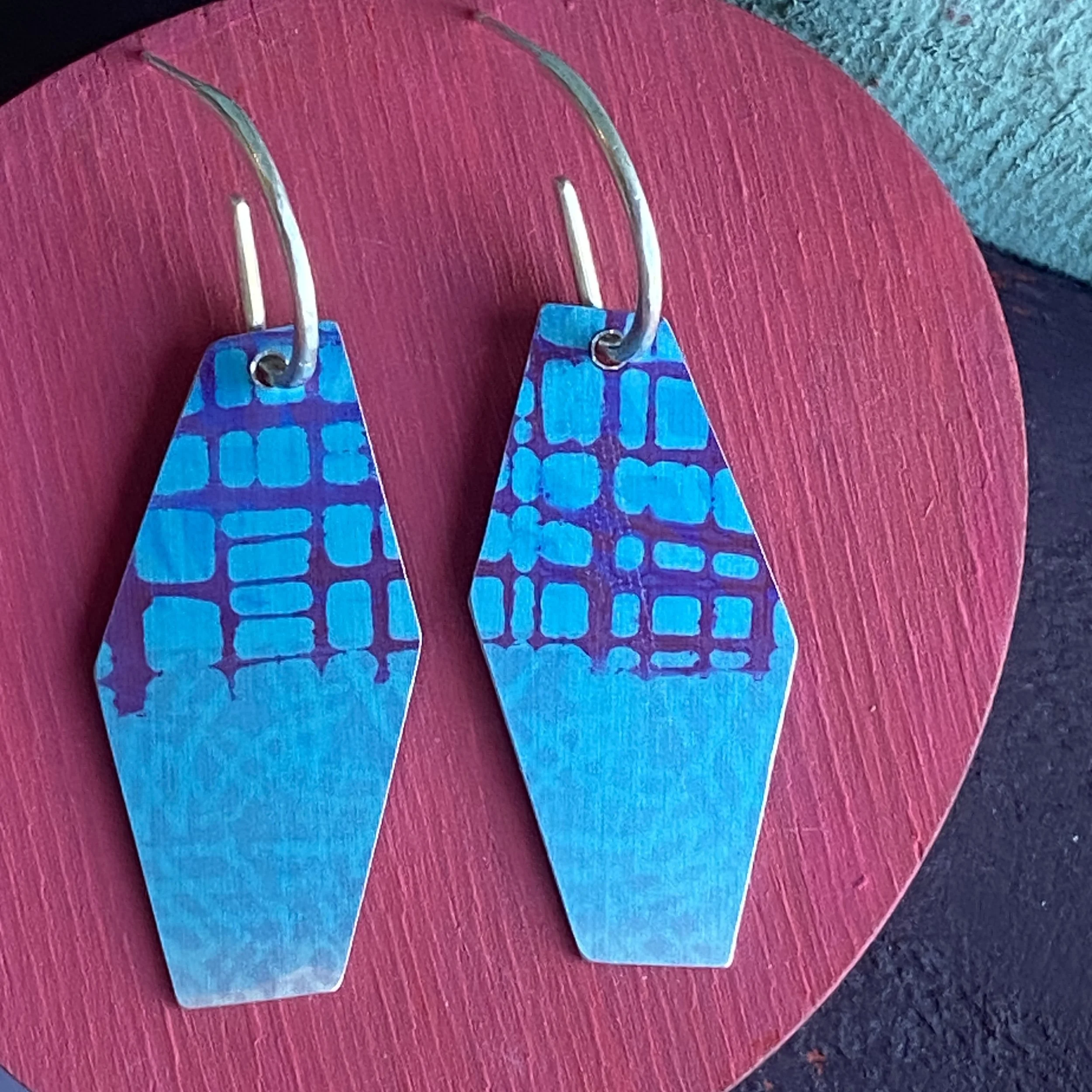 Reversible Hexagonal Drop Hoop Earrings- Blue/Purple