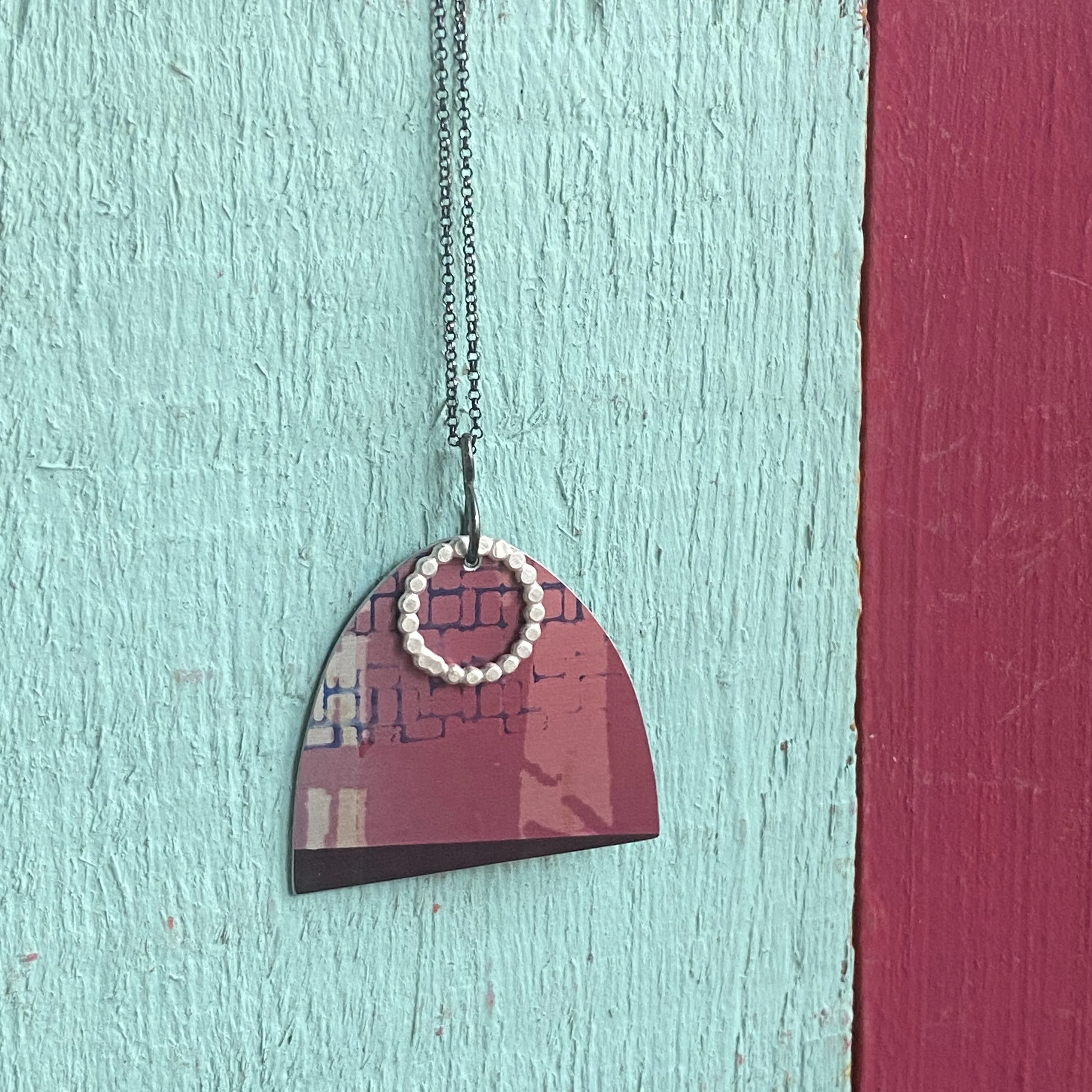 Arch Shape Pendant Necklace-Purples/Pink Abstract