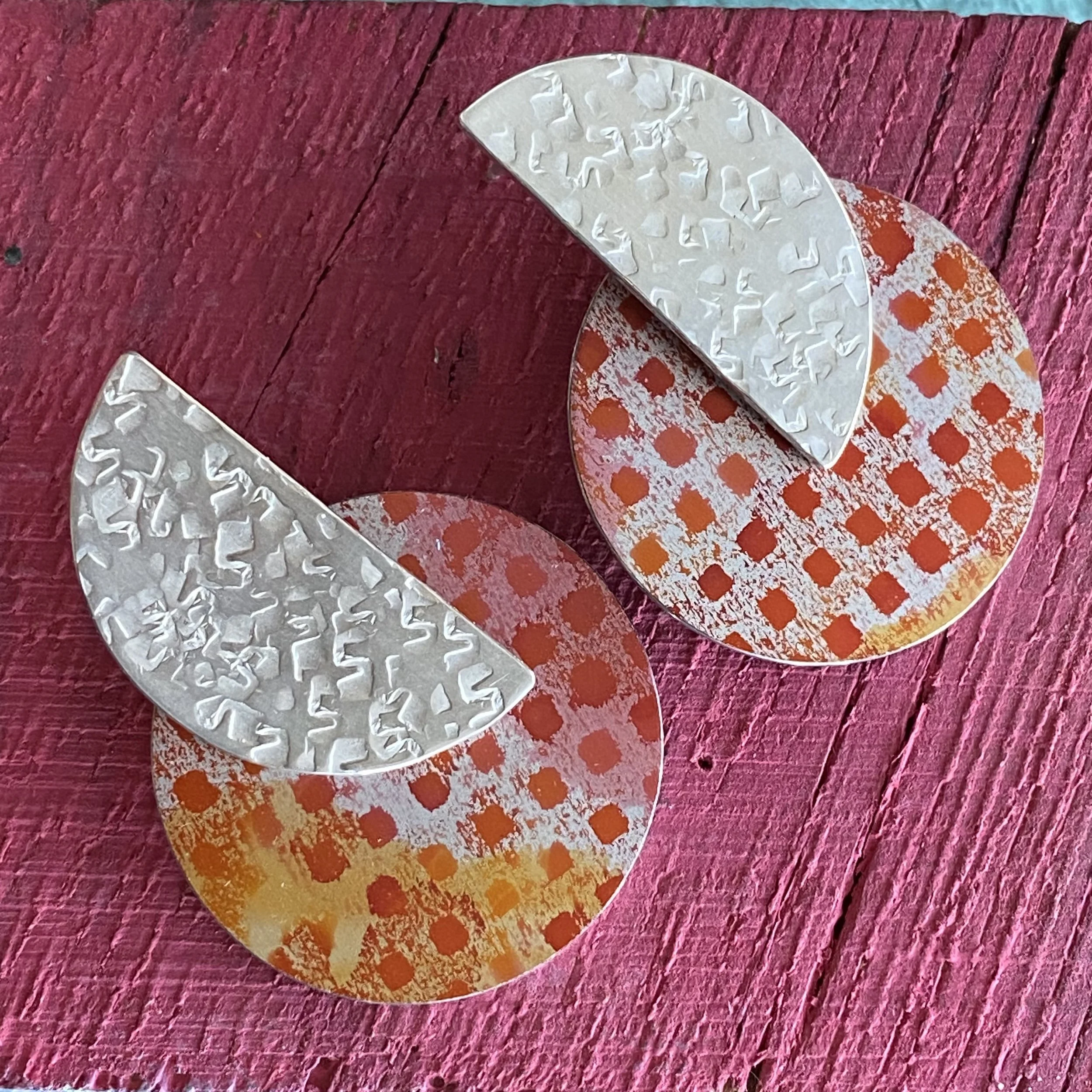 Statement Disc Aluminium Earrings with Hammered Silver Semi Circle- Orange/Pink Design