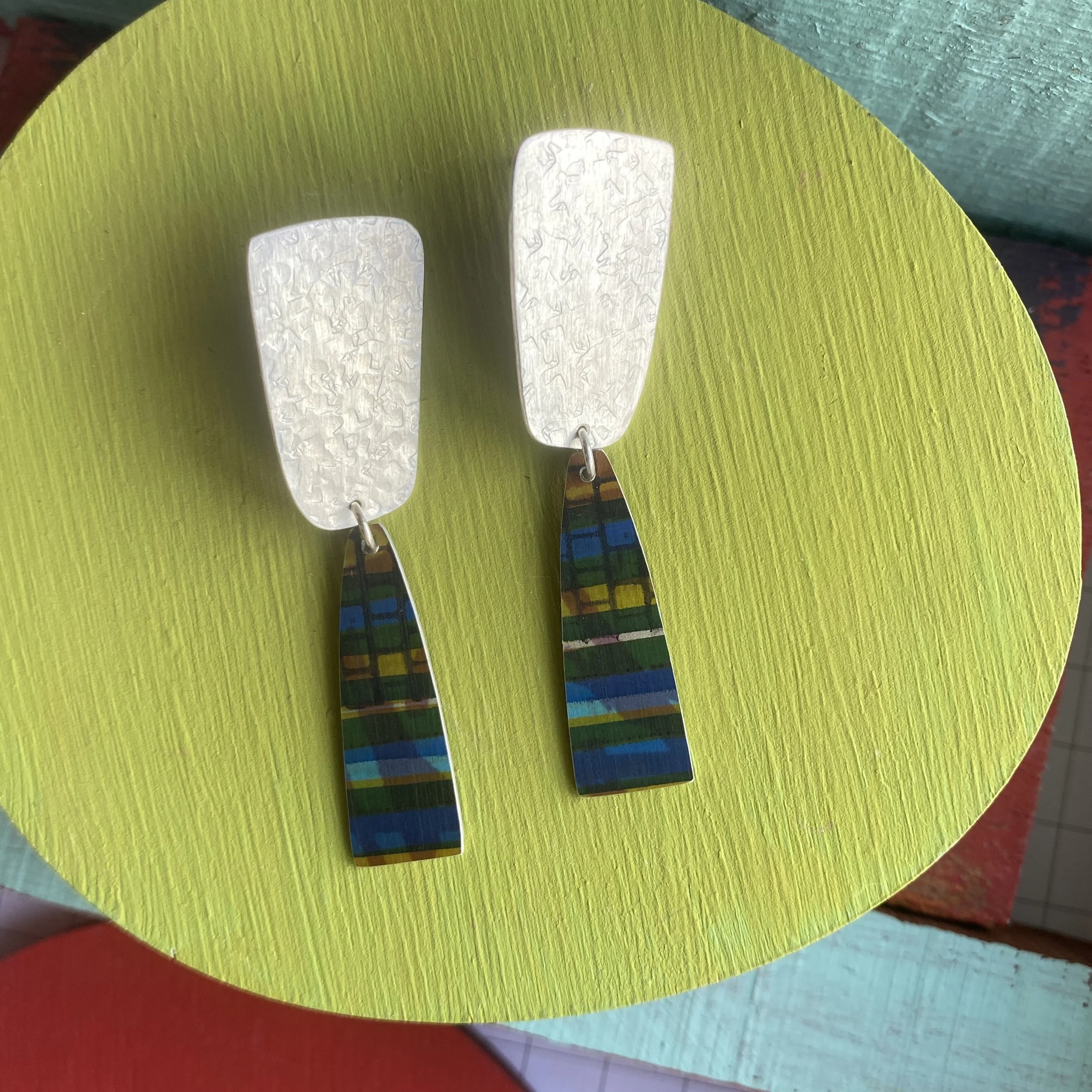 Silver With Green/Blue Abstract Dangle Earrings