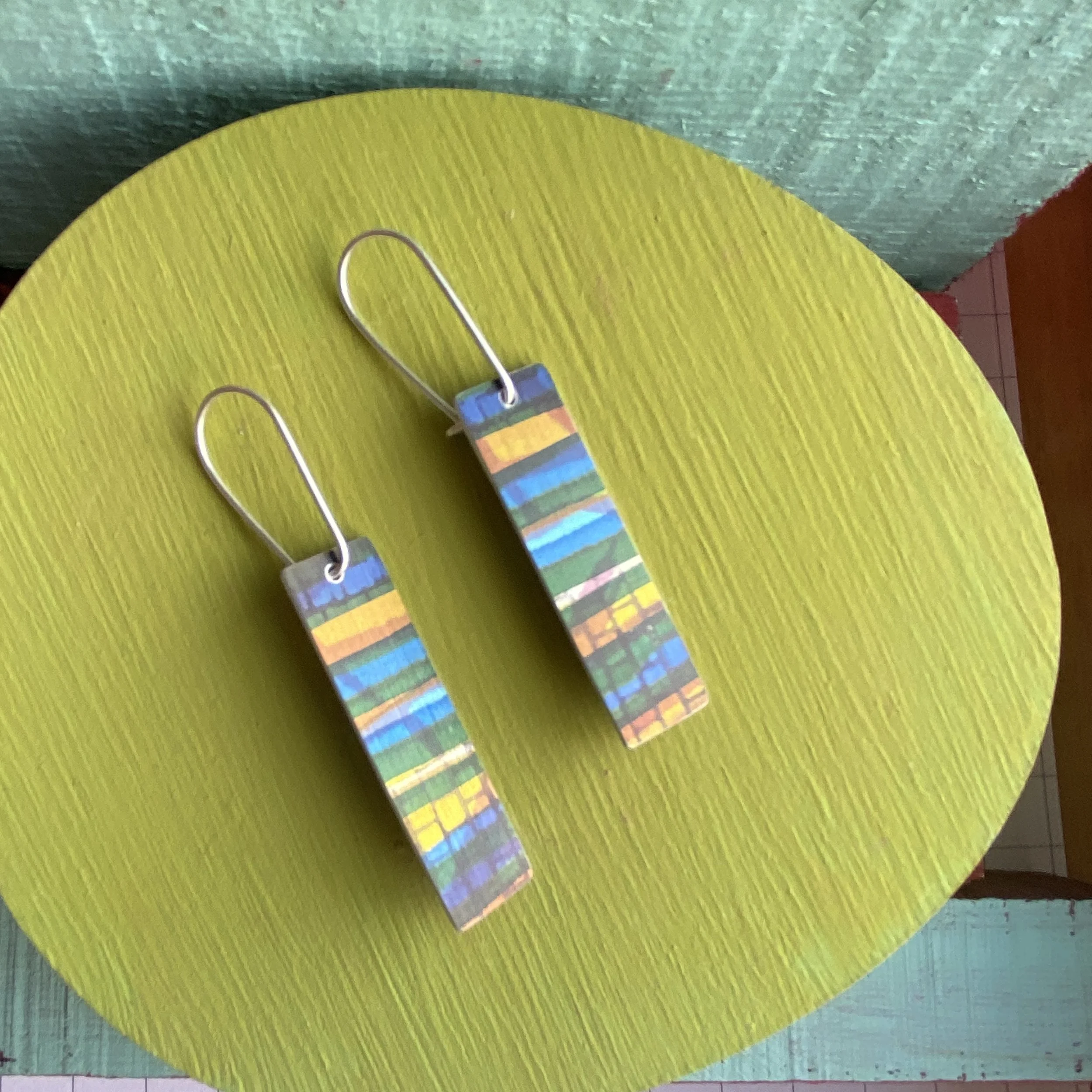 Rectangle Aluminium Earrings Blues/Yellow/Red