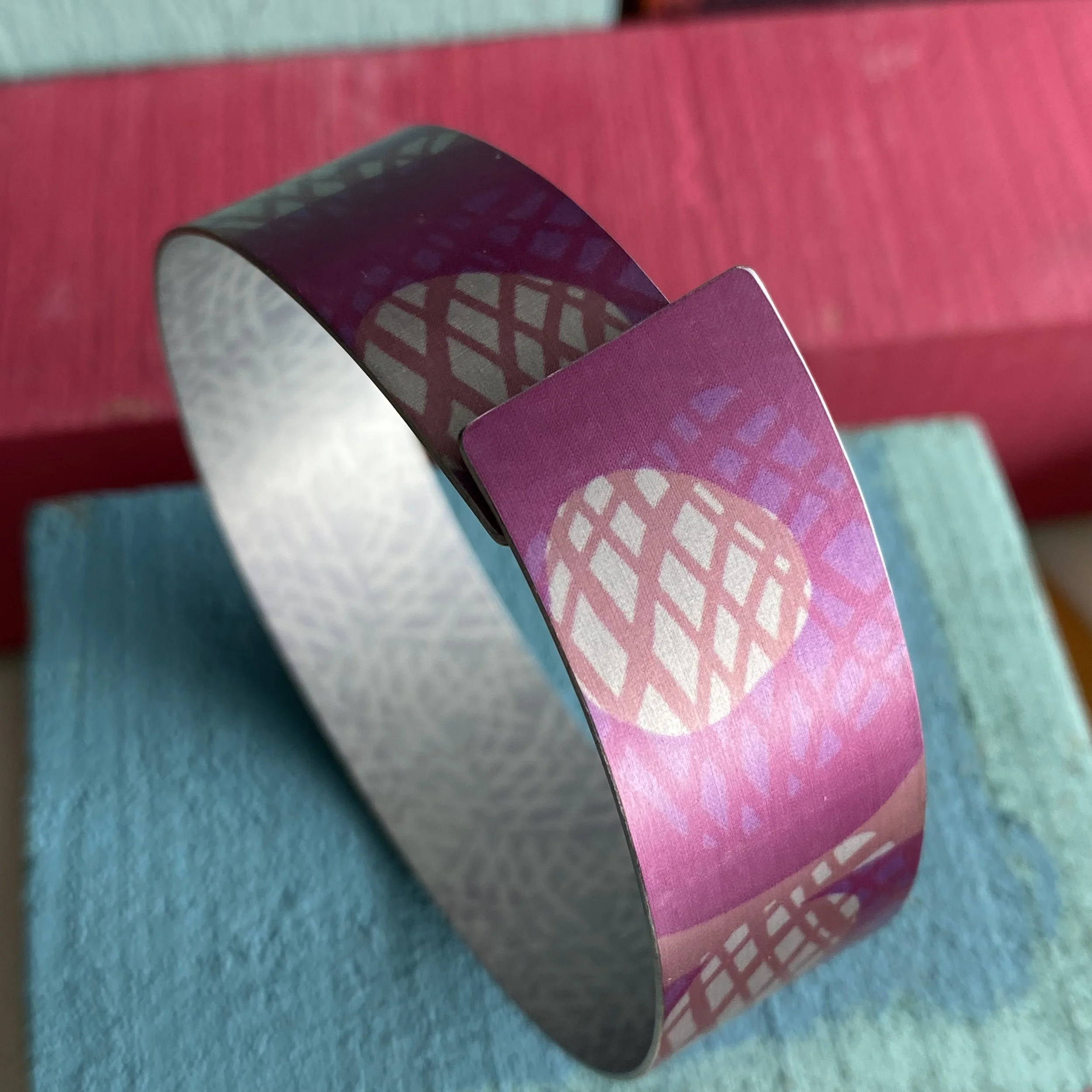 Narrow Overlapping Cuff Bangle -Pink Abstract aluminium jewellery