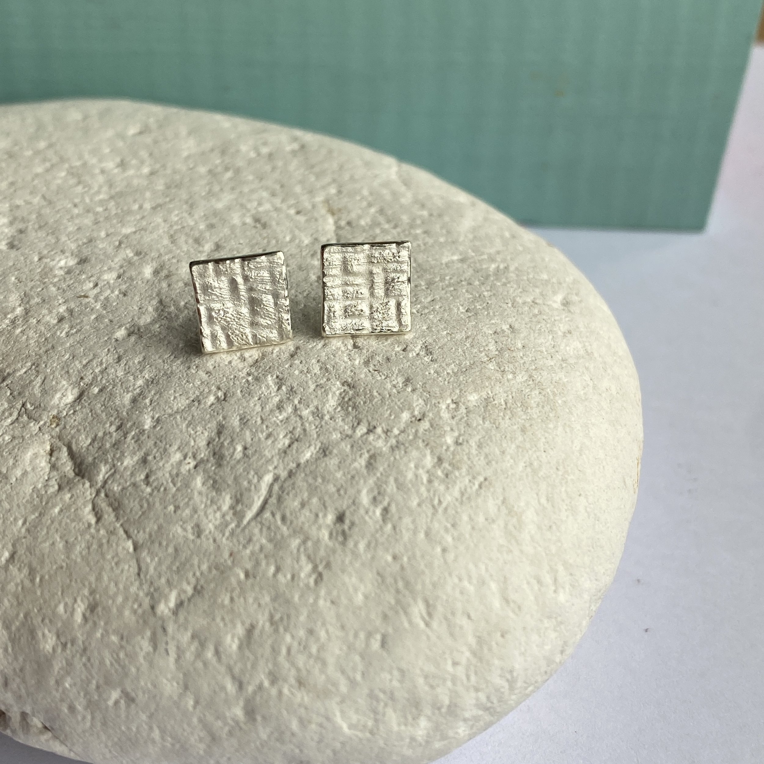 Square Textured Fine Silver Studs-check pattern no.2