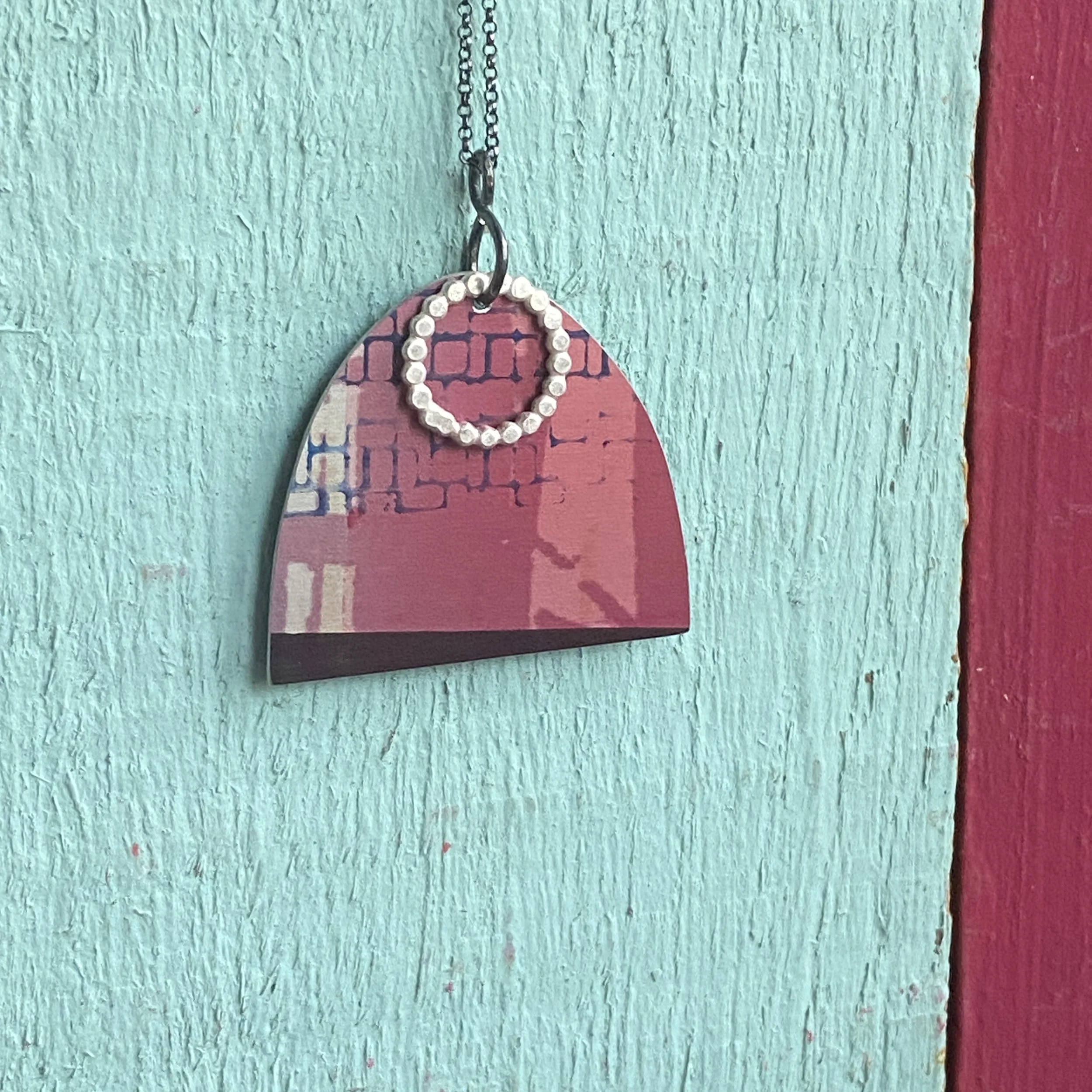 Arch Shape Pendant Necklace-Purples/Pink Abstract