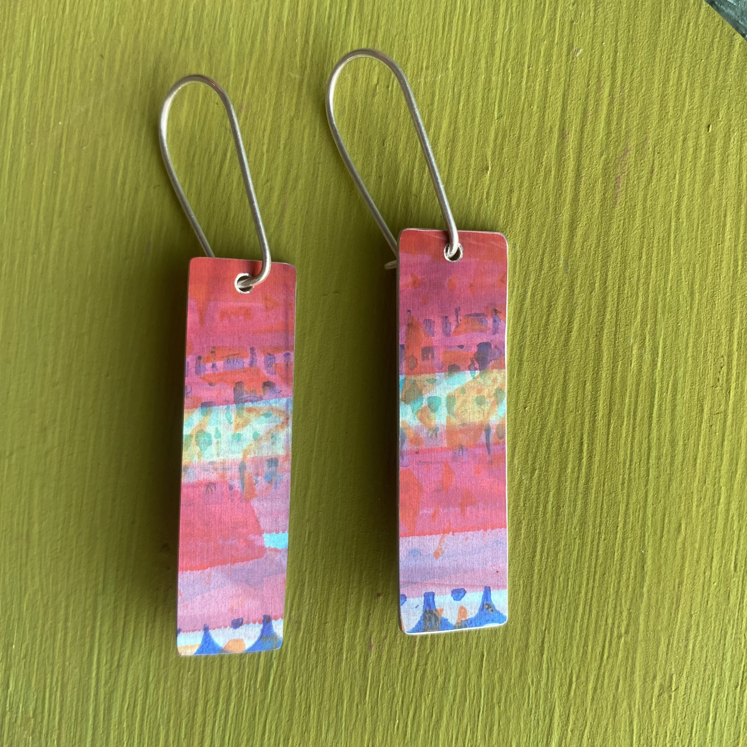 Rectangle Aluminium Earrings Blues/Yellow/Red