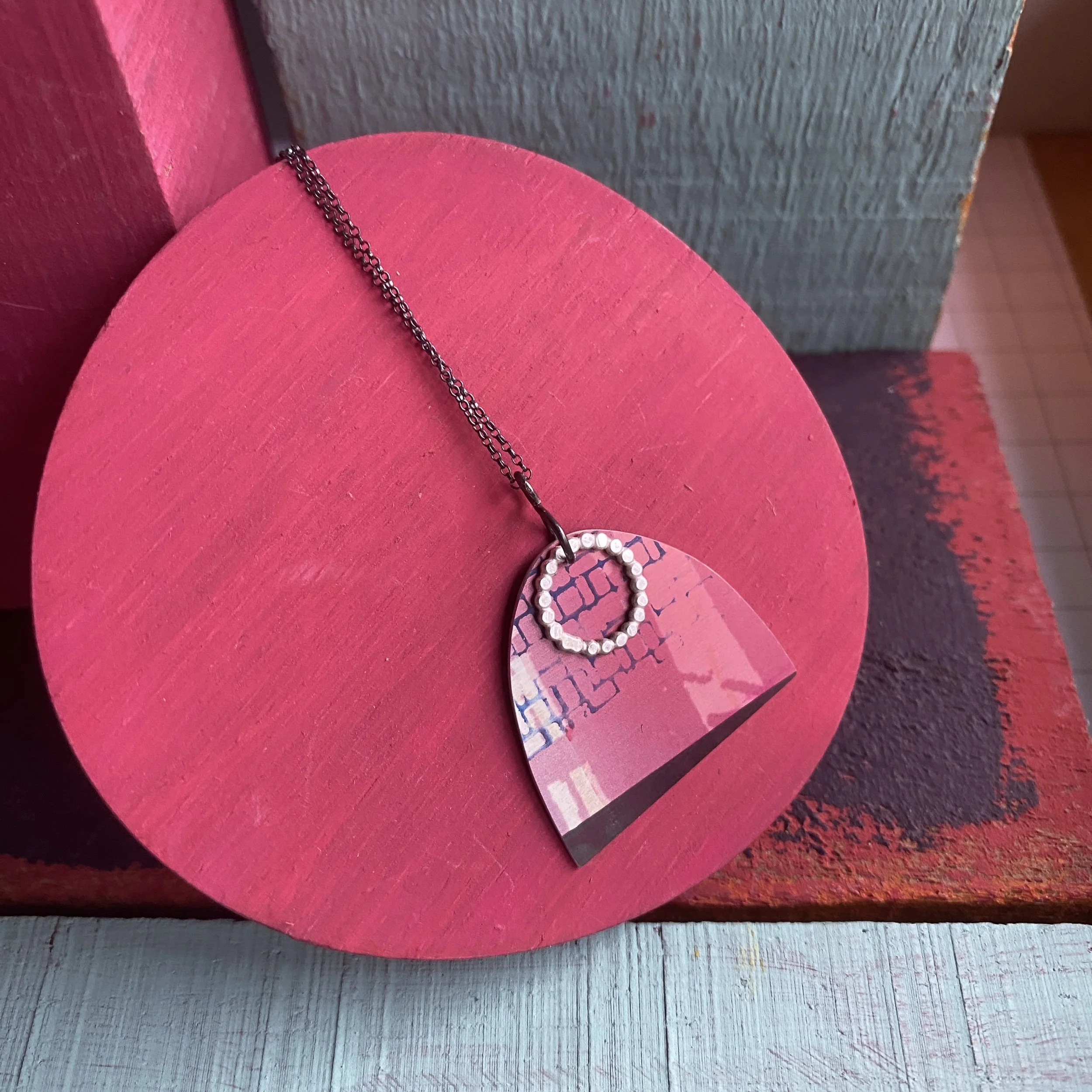 Arch Shape Pendant Necklace-Purples/Pink Abstract