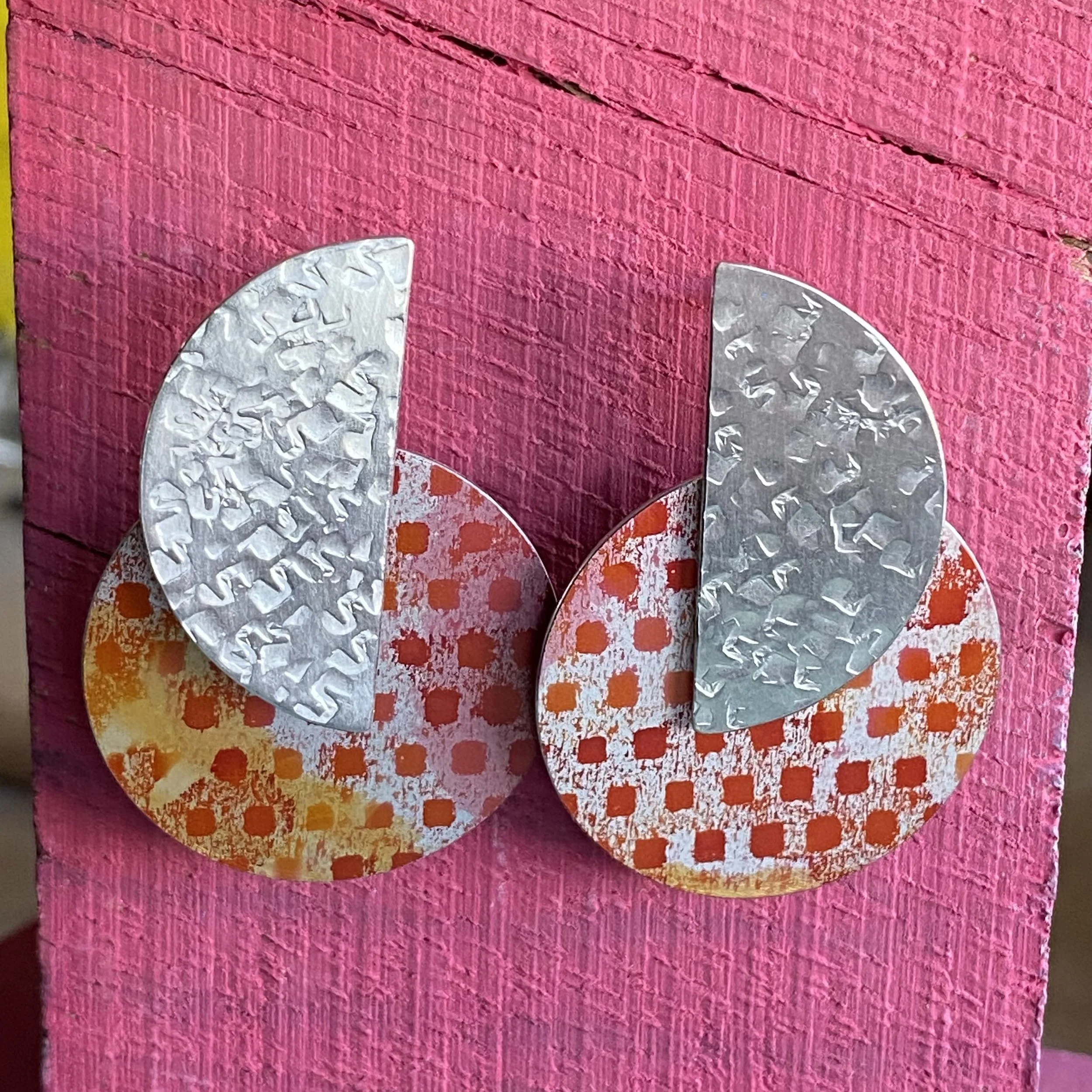 Statement Disc Aluminium Earrings with Hammered Silver Semi Circle- Orange/Pink Design
