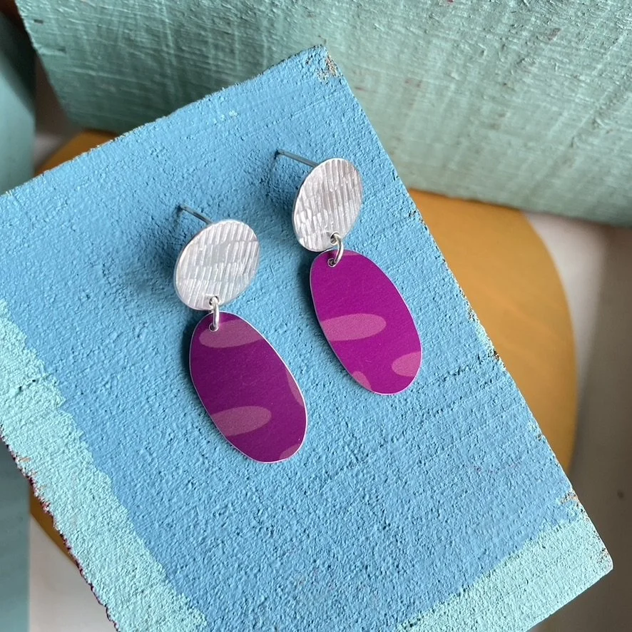 Silver with Pink Petal Design Dangle Earrings