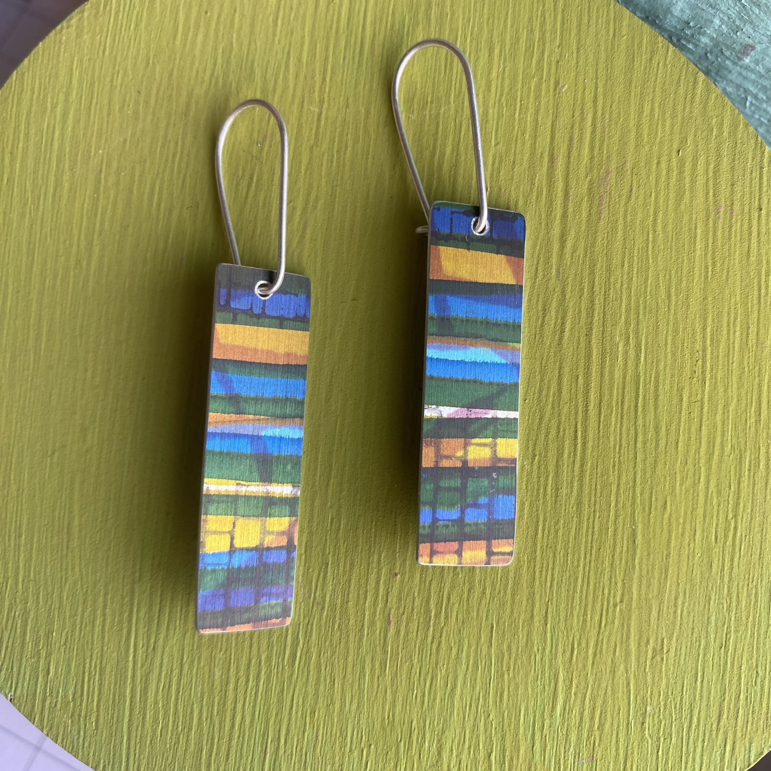 Rectangle Aluminium Earrings Blues/Yellow/Red