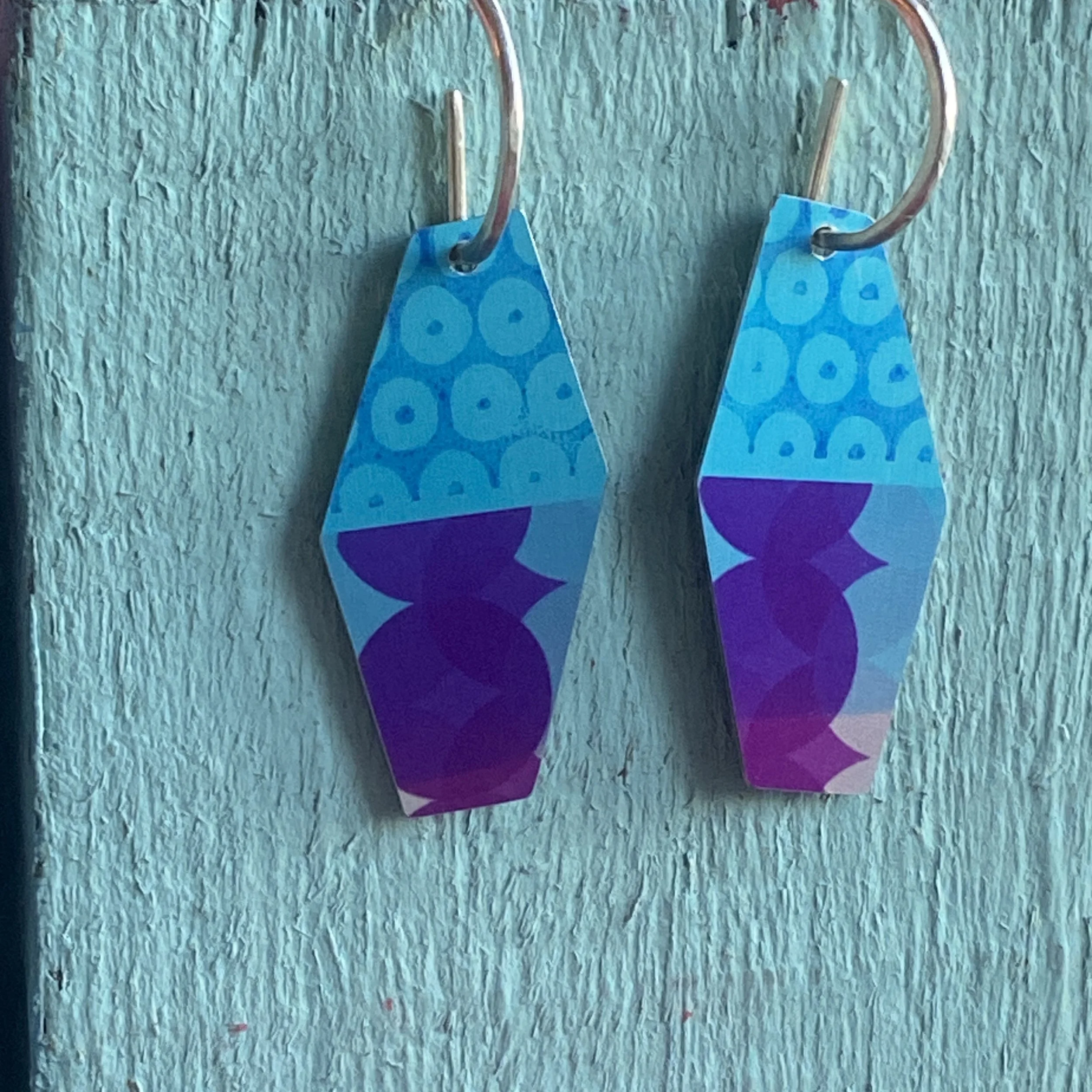 Reversible Hexagonal Drop Hoop Earrings- Blue/Purple