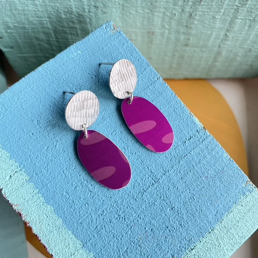 Silver with Pink Petal Design Dangle Earrings