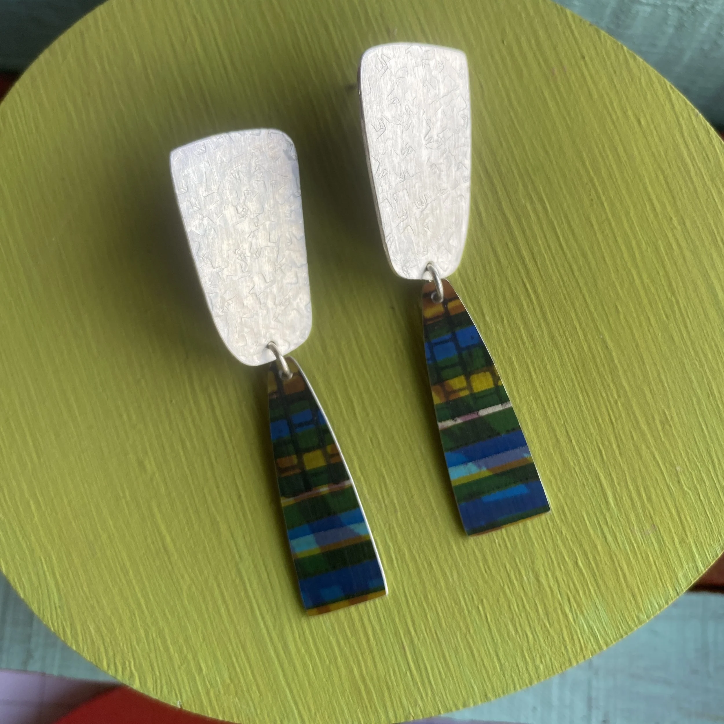 Silver With Green/Blue Abstract Dangle Earrings
