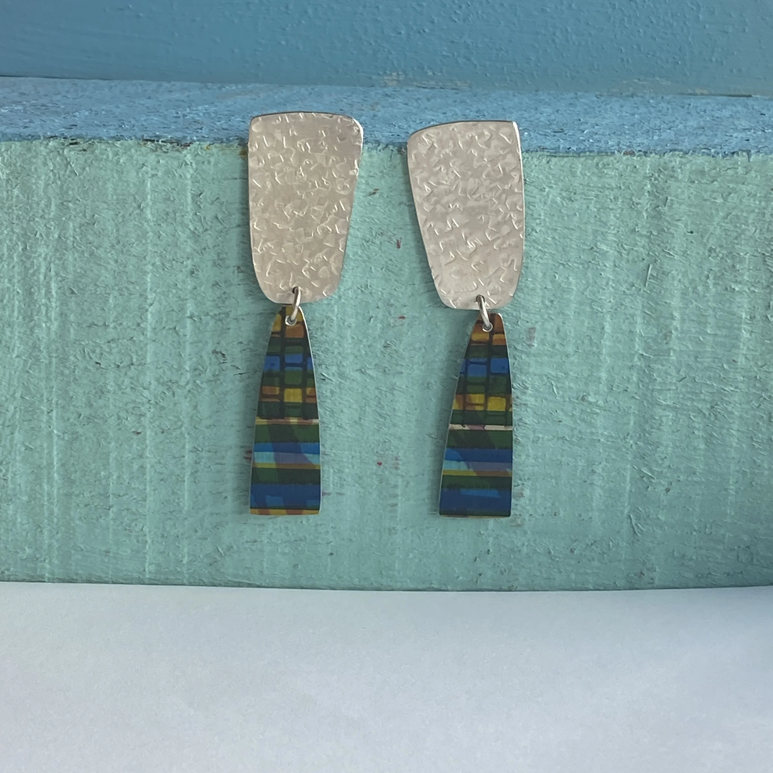 Silver With Green/Blue Abstract Dangle Earrings