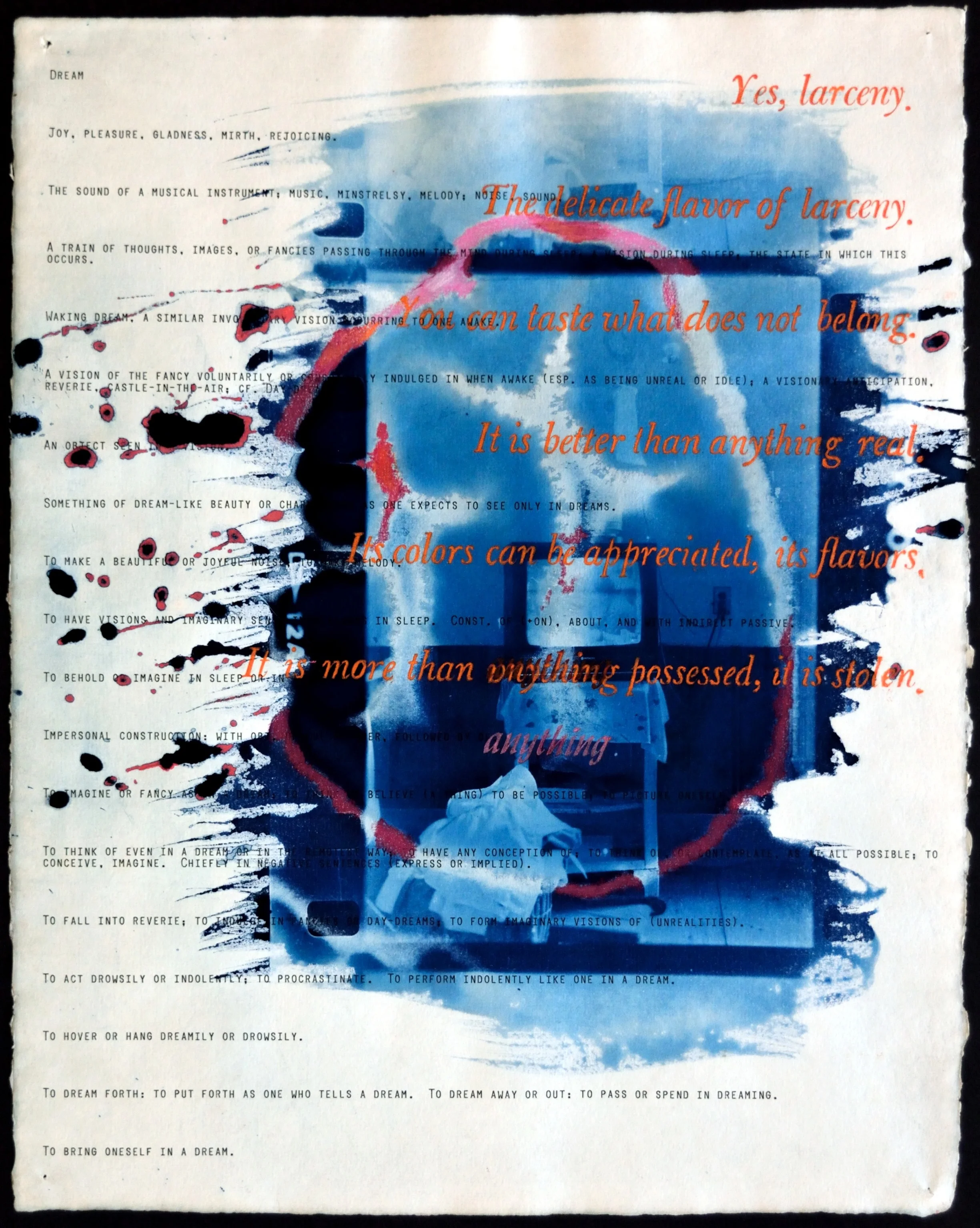    Larceny    Cyanotype, daisy wheel, pencil on Hodgkinson handmade, 1991, 14 x 17 