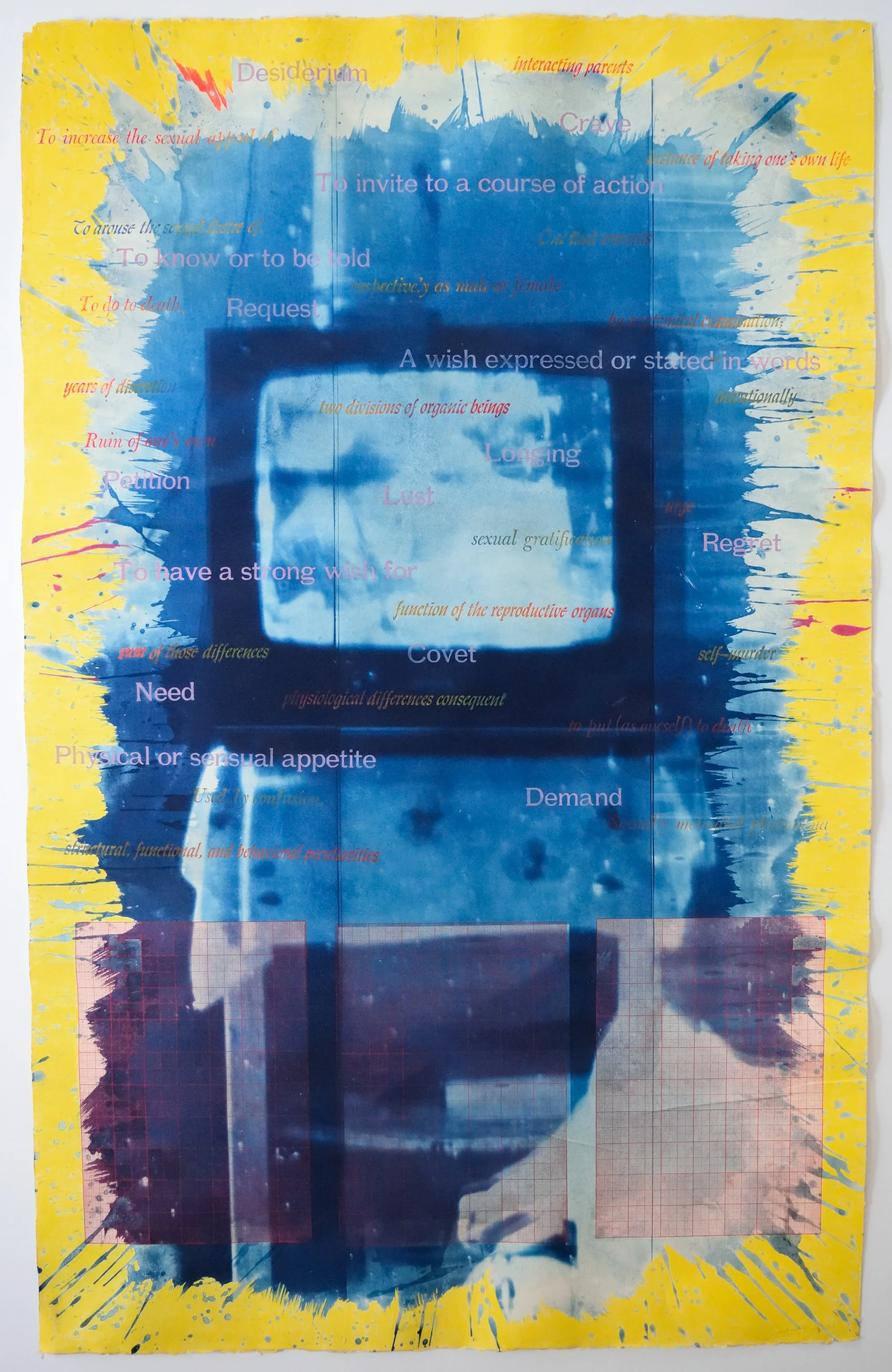    Compulsion #4    Cyanotype, colored pencil, letterpress on Arches HP, 1993,  26 x 40 