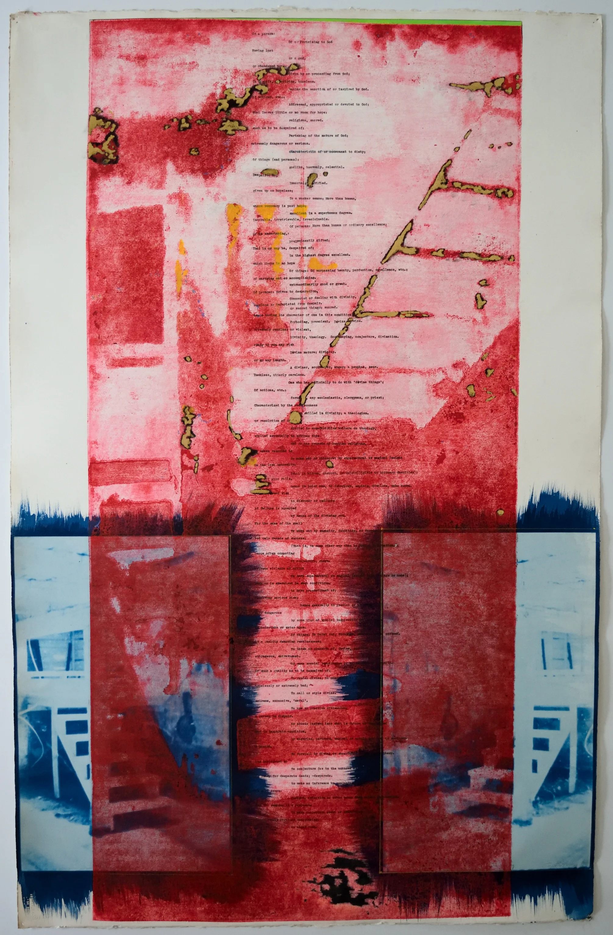    Divine    Oil print, cyanotype, colored pencil, gold leaf, daisywheel on Arches HP, 1992, 26 x 40 