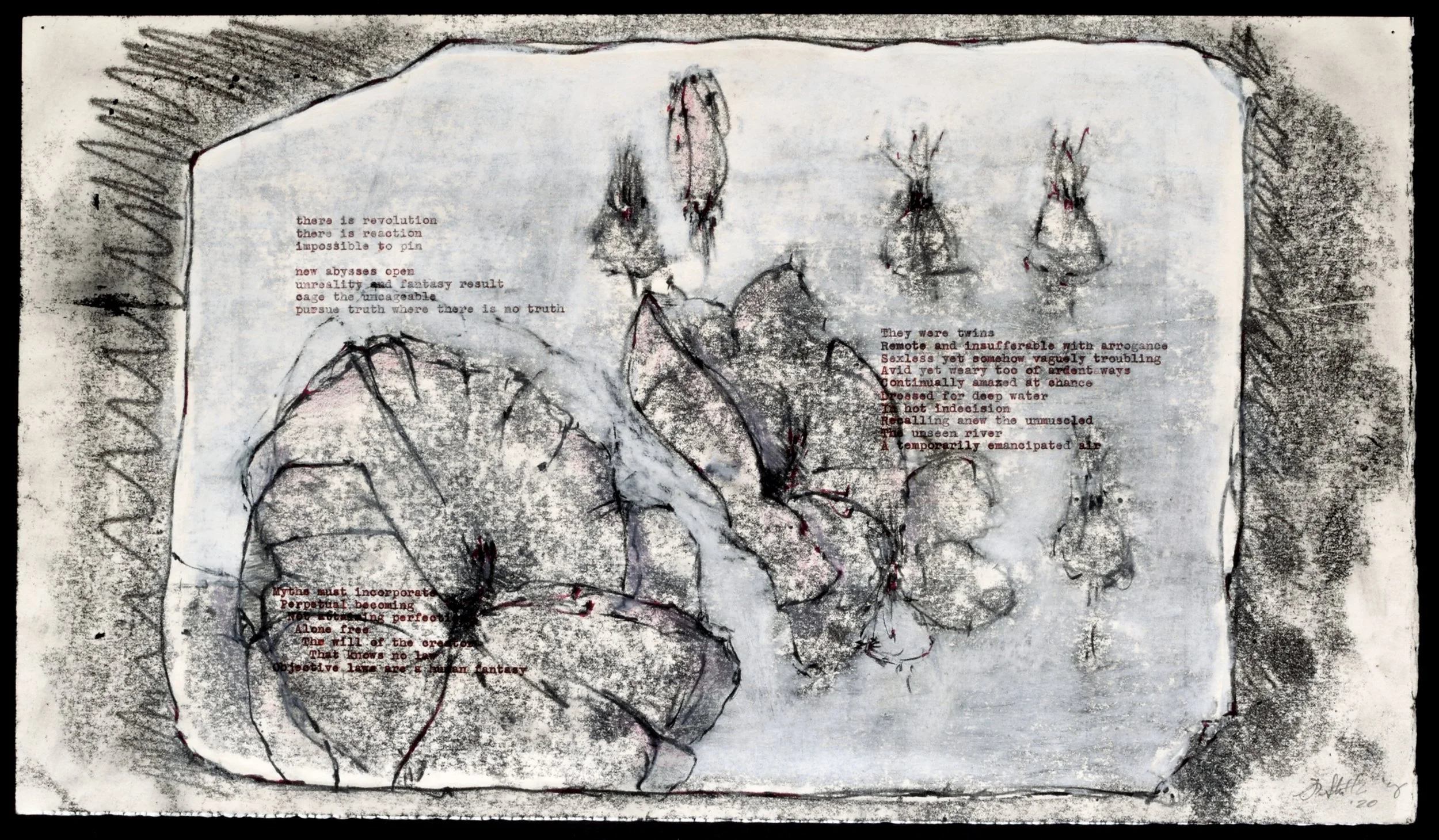    Stone Study II   (Chance)   Monoprint drawing with typewriter on Stonehenge, 19 x 11 