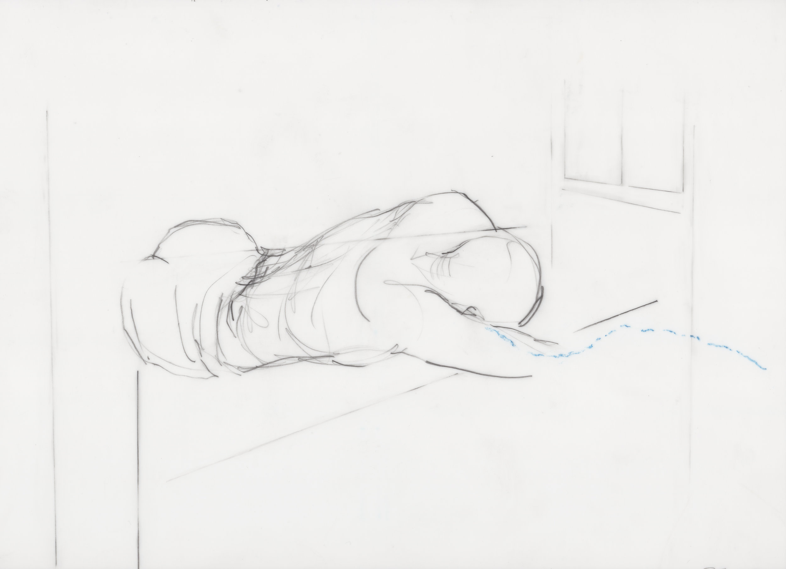 Blue Line , 2019 Pencil & Watercolour on Translucent Paper, 23 x 30.5cm.