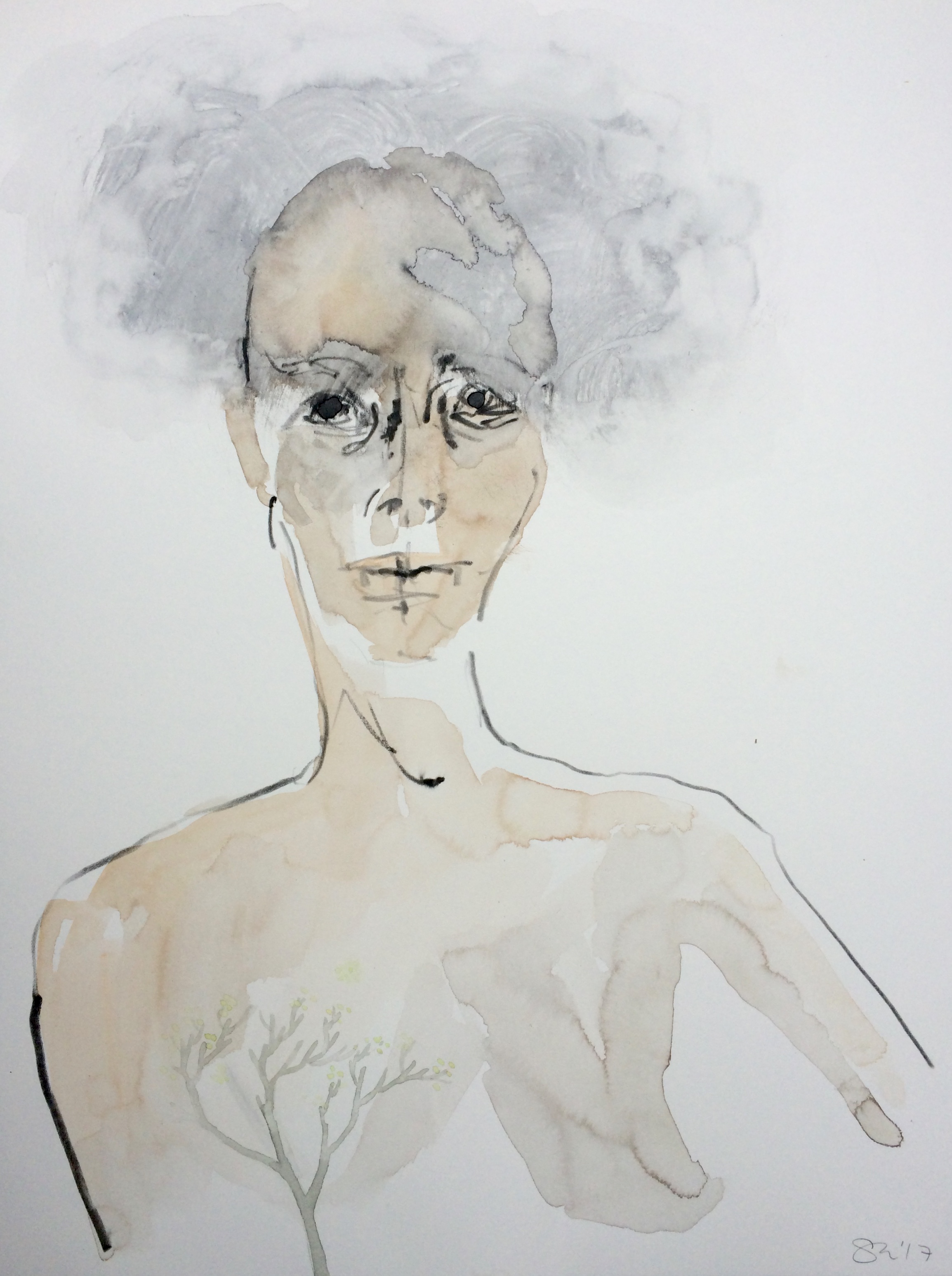 Portrait of Self and Spring Tree, 2017 Graphite, Watercolour, Gouache on Ppaer 41 x 31 cm