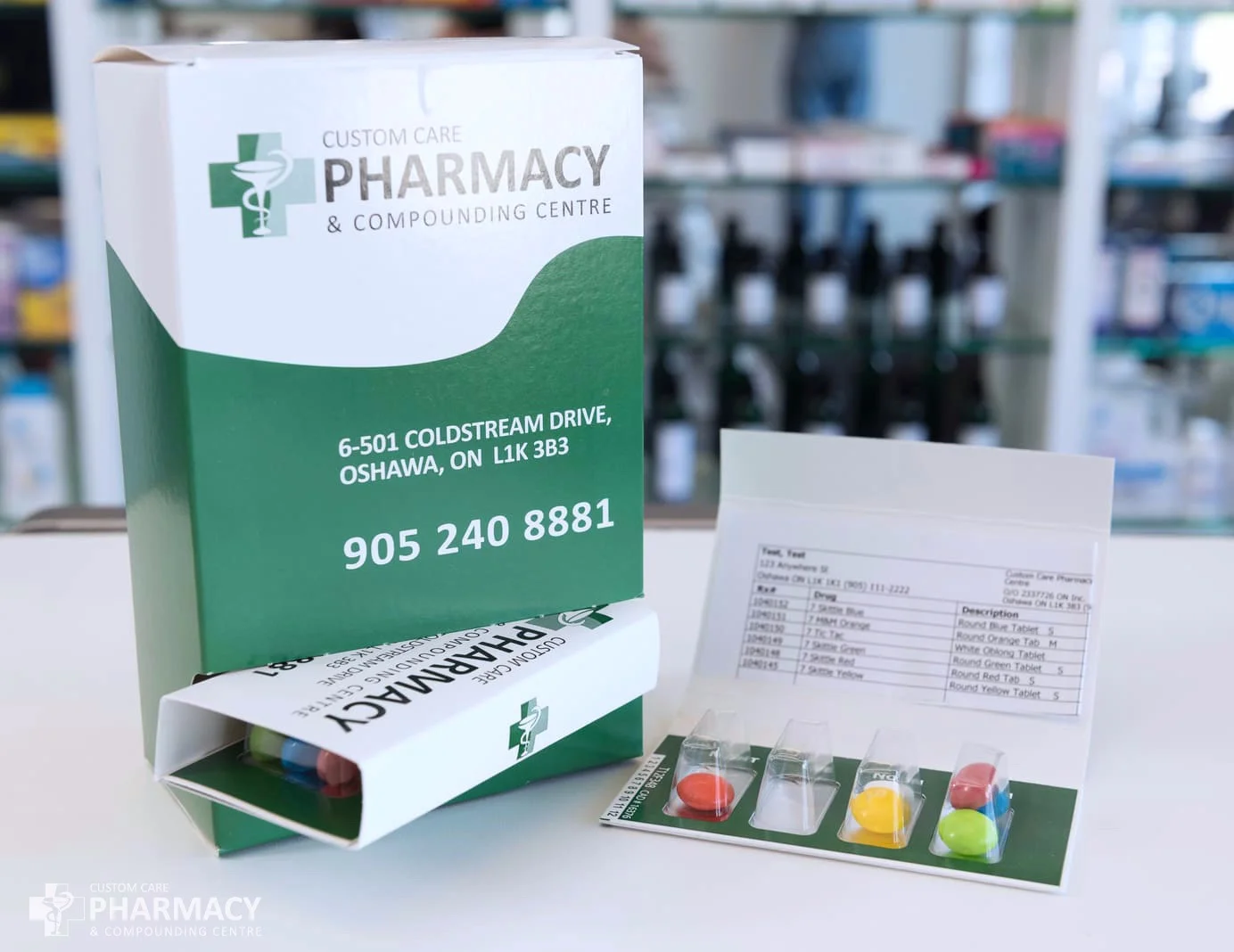 Example of medication blister packaging shown by Custom Care Pharmacy.