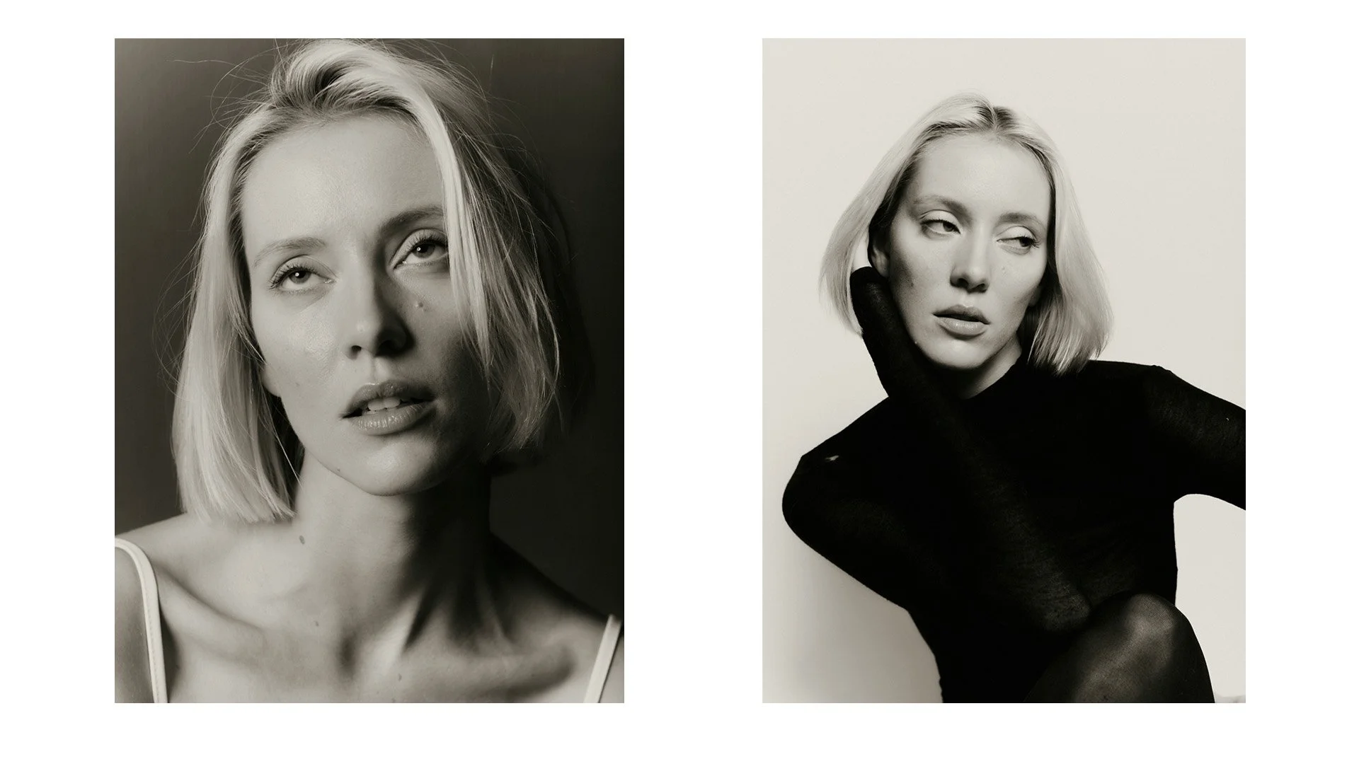 Portrait rapproché en noir et blanc, femme blonde, par le photographe Jon Verleysen, Paris
