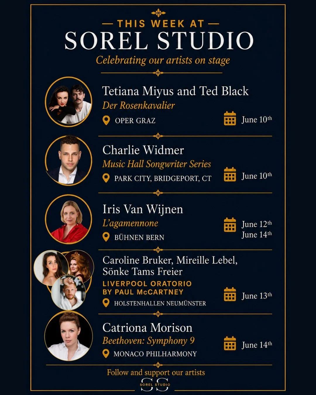 THIS WEEK EVENTS. 
Toi toi toi to all these amazing artists.

#Opera #OperaSinger #ClassicalMusic #OperaCommunity #OperaLovers #classicalsinger  #0ratorio  #VoiceTeacher #OperaWorld #ArtSong #SorelStudio