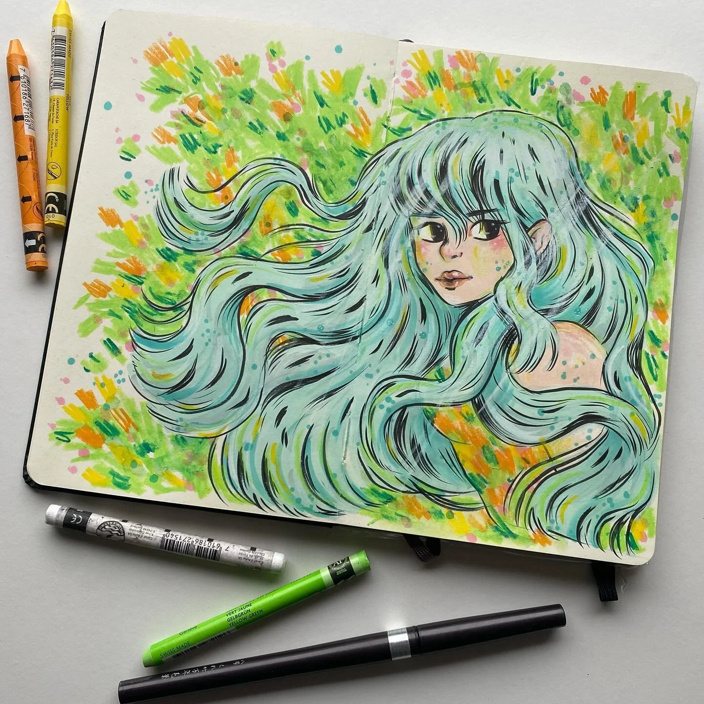 Just wanted to draw a lot of hair. #BlueHair #IllustrationSketchbook #DrawingGirls #SummerFling #CaranDAche #Kuretake #Moleskine