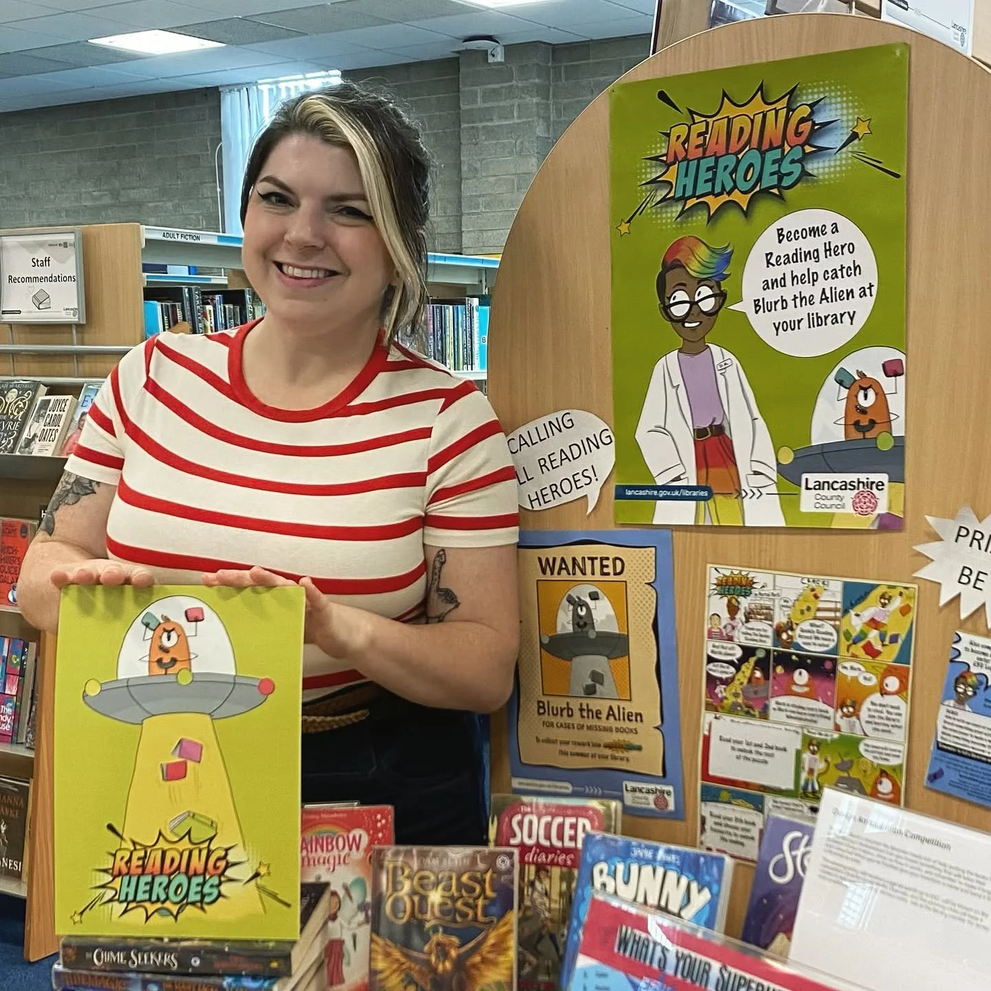 Awesome to see my illustration in libraries all over Lancashire &hearts;️ if you have primary age children get them signed up to Reading Heroes - Lancashire Libraries summer reading challenge. 

#ReadingHeroes #LancashireLibraries #LibraryIllustratio
