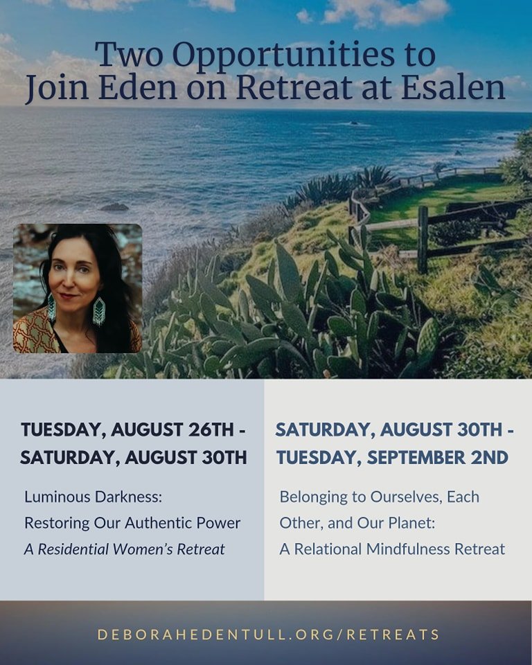 My annual Women's Retreat, Luminous Darkness: Restoring Our Authentic Power and my Relational Mindfulness Retreat, Belonging to Ourselves, Each Other, and Our Planet are both coming up this summer at Esalen in August.

Luminous Darkness is a restorat