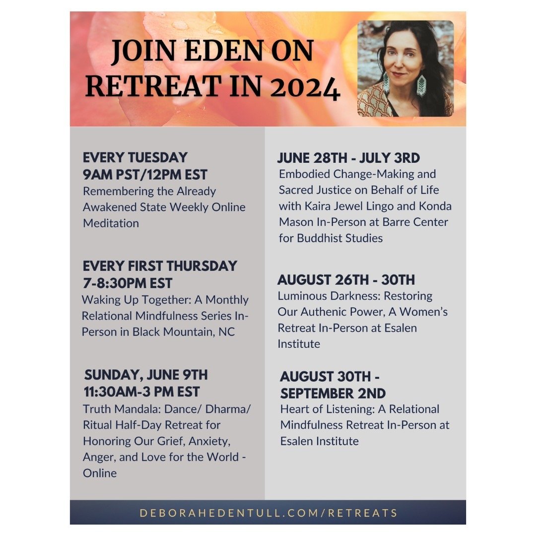 Sharing our retreat schedule for the rest of 2024! Eden is offering residential retreats in California, North Carolina, Massachusetts, and New Hampshire, as well as online embodied Dharma retreats. We hope to see you this year. Registration links in 