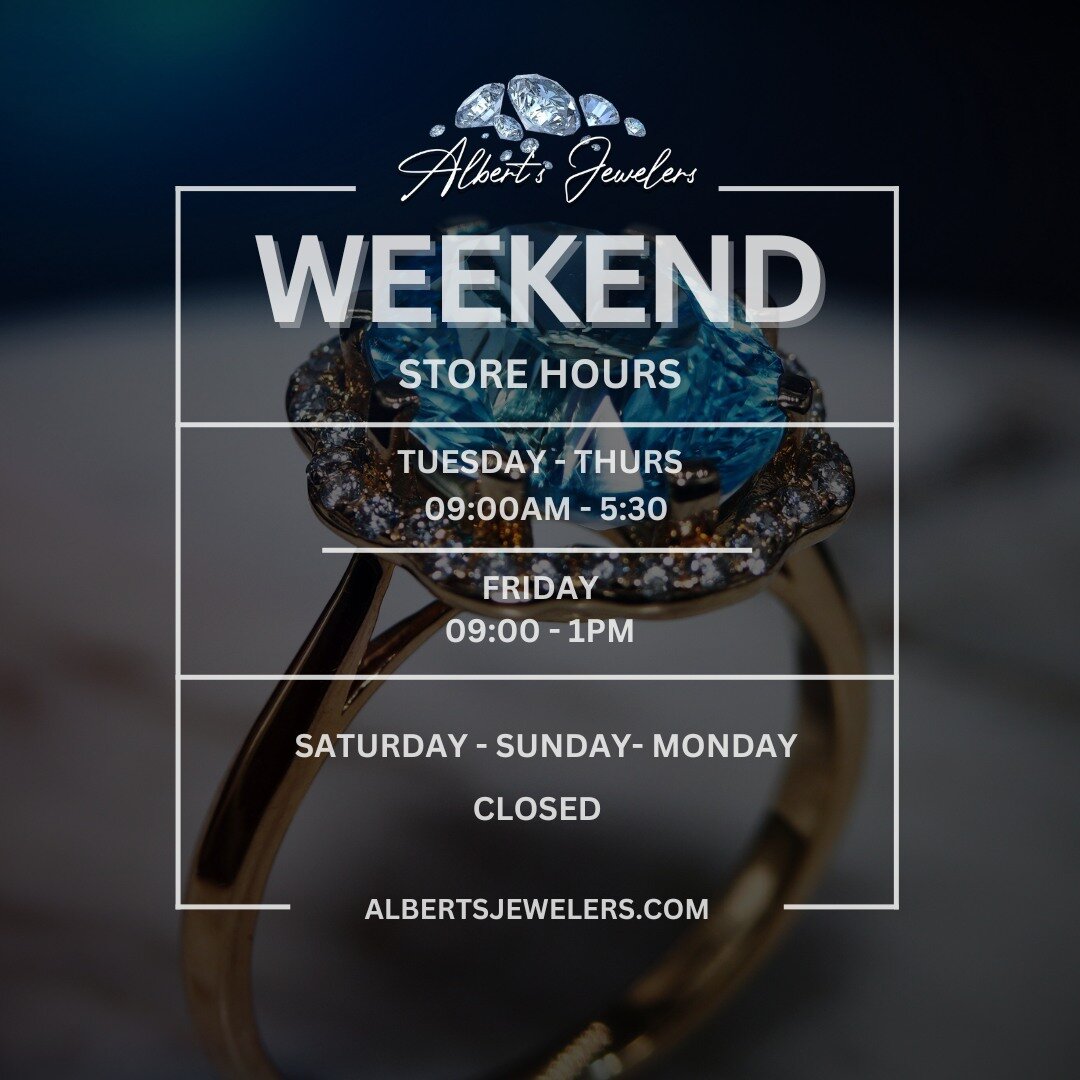 🚨 Special Announcement 🚨

Albert's Jewelers will be closing early at 1pm this Friday and will remain closed on Saturday! Don't worry, though! We will be back, bright and 💍sparkly, ready to welcome you with our normal business hours at 9am on Tuesd