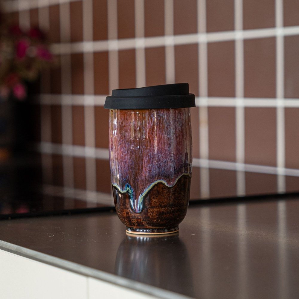 Handmade Reusable Travel Cup | Midnight Pink Ceramic Takeaway Coffee Cup NZ   West Coast Stoneware  WestCoast Stoneware