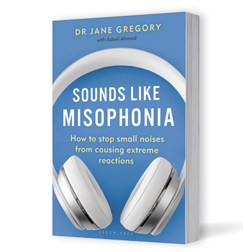 picture of the book "Sounds Like Misophonia: how to stop small sounds from causing extreme reactions", by Dr Jane Gregory. Cover is sky blue with white text and there is an image of silver headphones.